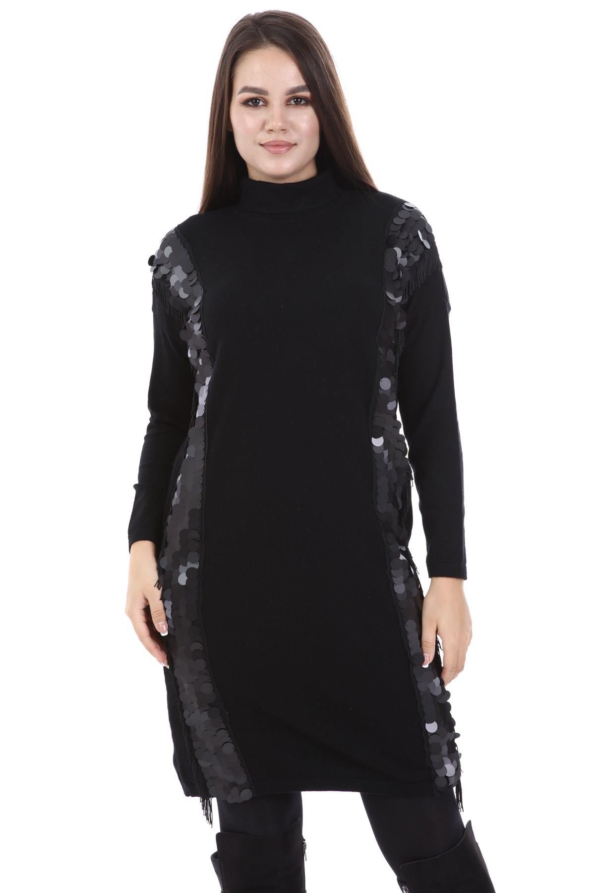 FTZ Women Kadın Pul Payet Detay Tunik  Siyah 21-1332