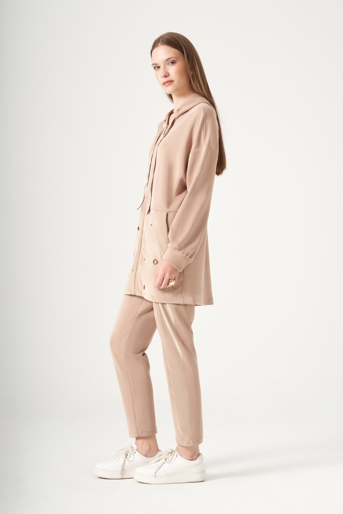 FTZ Women Kadın Rahat Kalıp Halka Detay Modal Takım  Camel 31529