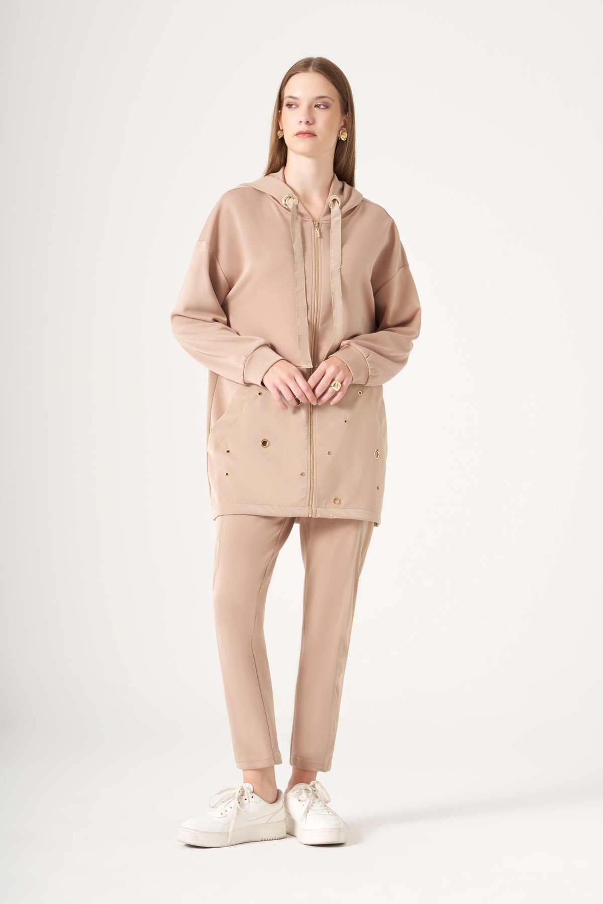 FTZ Women Kadın Rahat Kalıp Halka Detay Modal Takım  Camel 31529