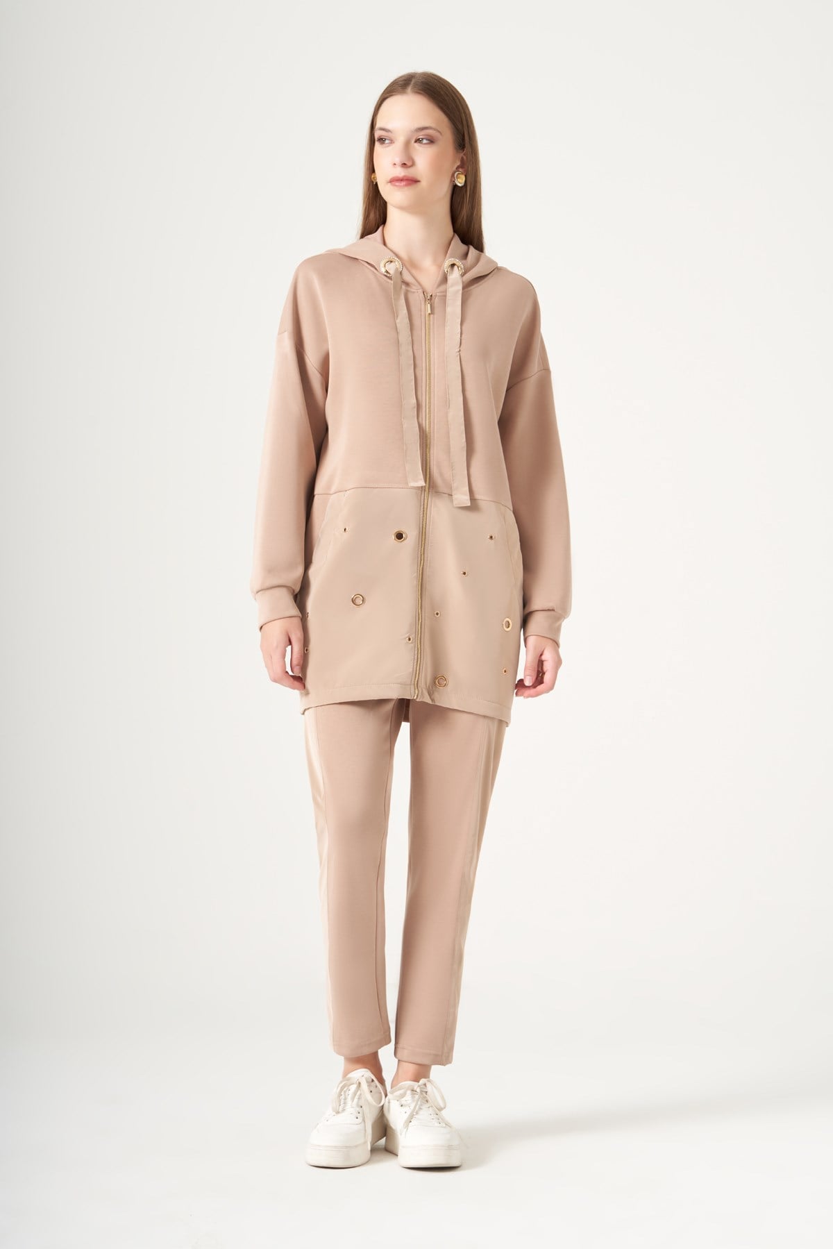 FTZ Women Kadın Rahat Kalıp Halka Detay Modal Takım  Camel 31529