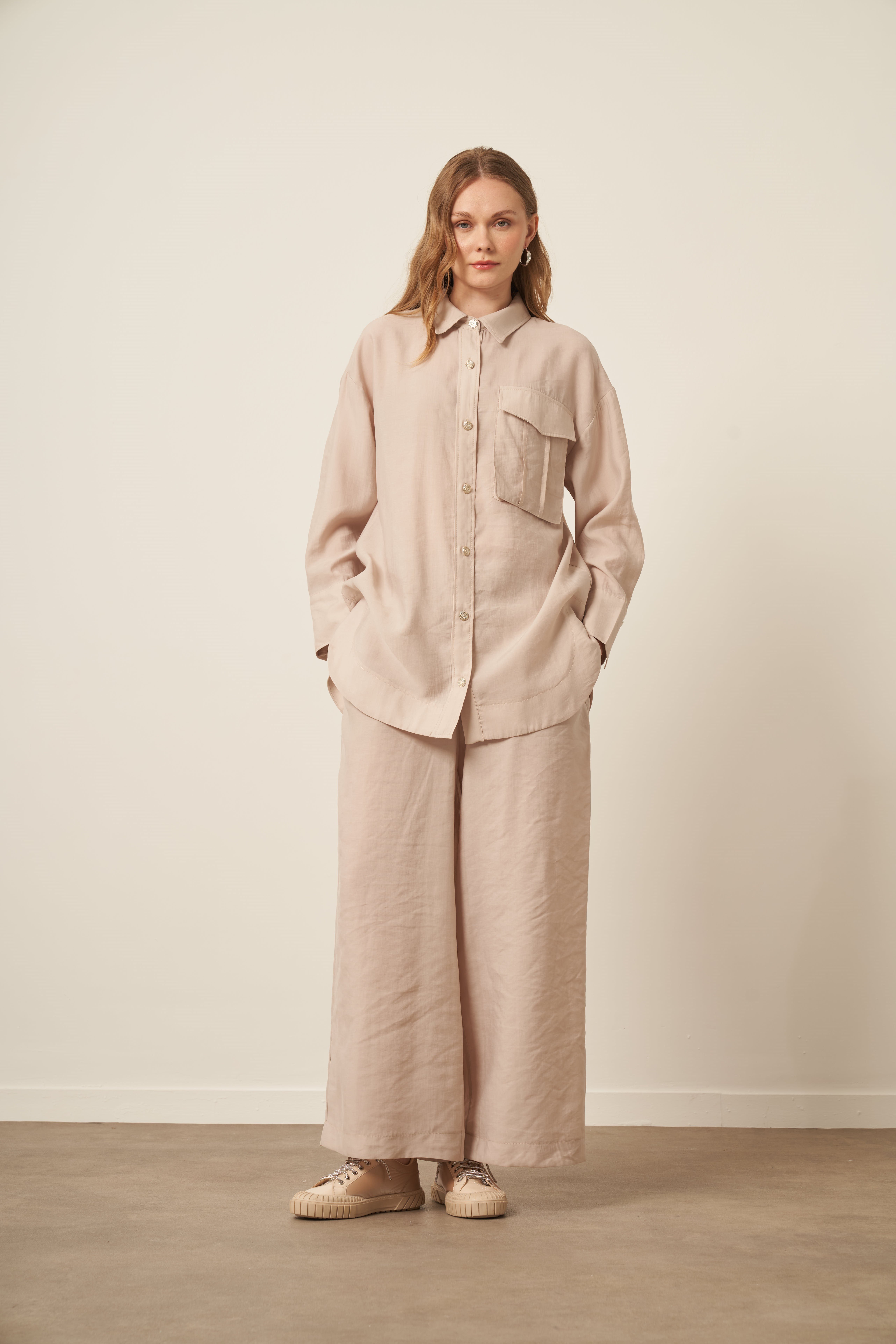 FTZ Women Kadın Rahat Kalıp Modal Cepli Takım  Beige 30717