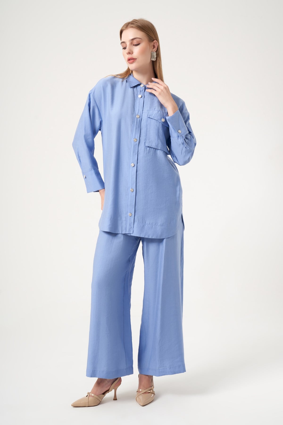 FTZ Women Kadın Rahat Kalıp Modal Cepli Takım  Mavi 30717
