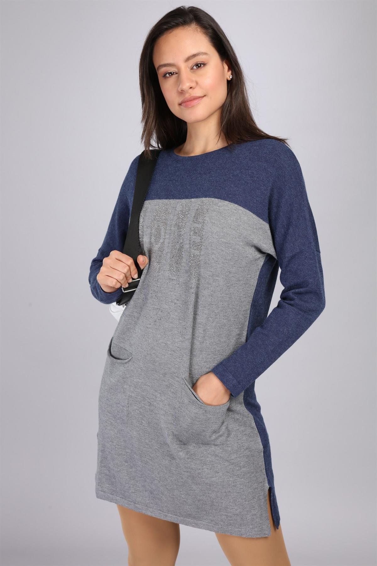 FTZ Women Kadın Renk Geçişli Uzun Tunik  İndigo 21-1144