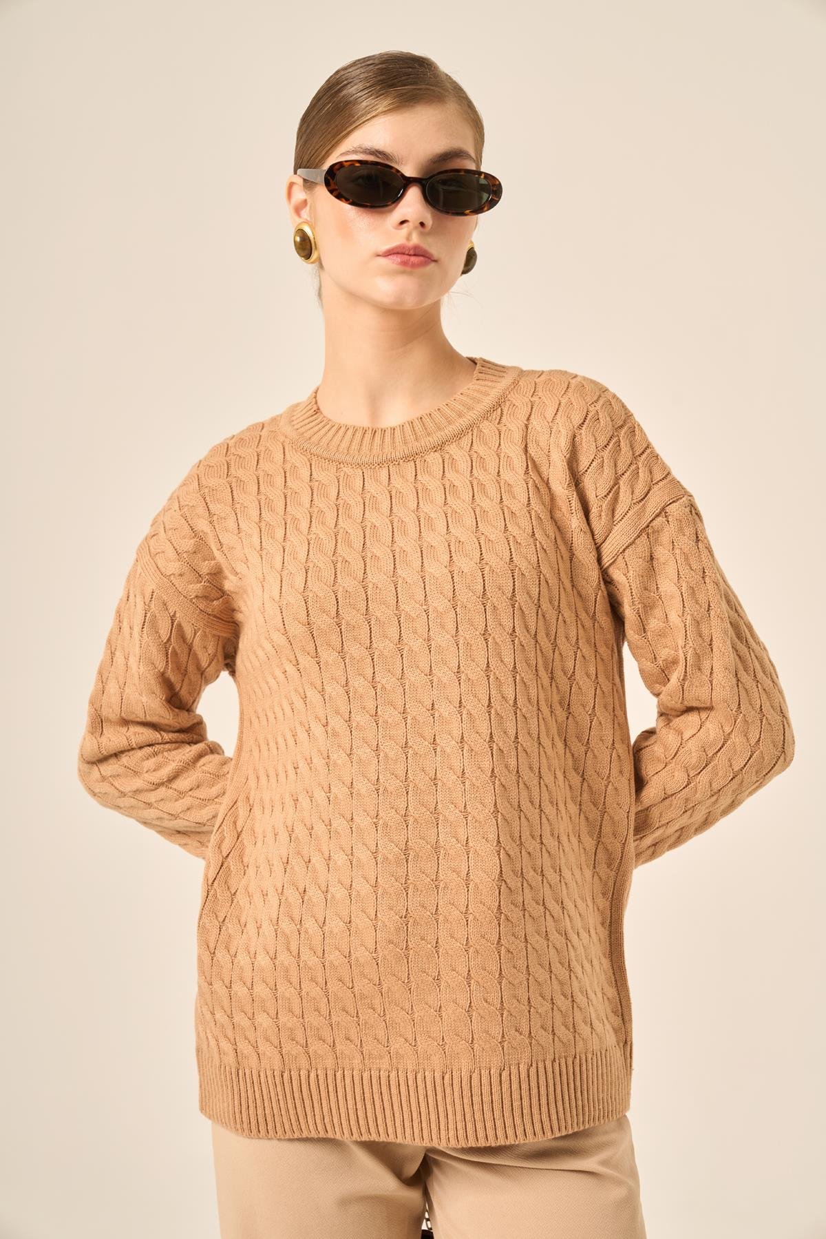 FTZ Women Kadın Saç Örgü Kazak  Bisküvi 20882