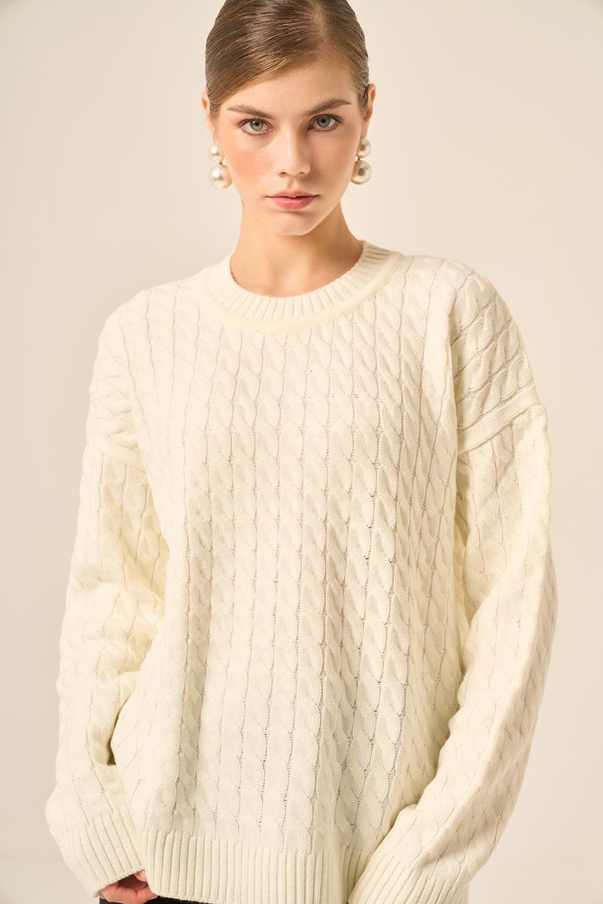 FTZ Women Kadın Saç Örgü Kazak  Ekru 20882