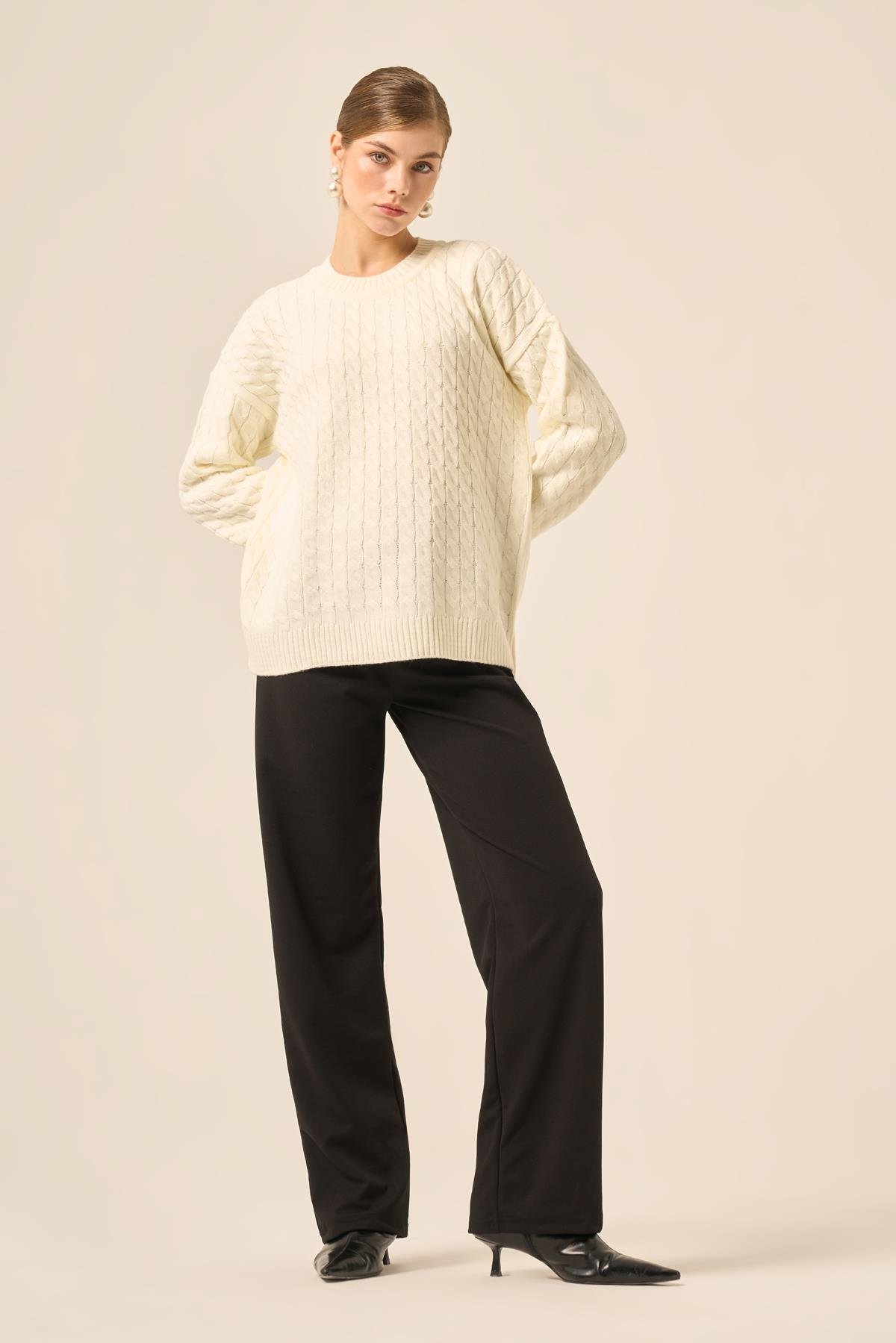 FTZ Women Kadın Saç Örgü Kazak  Ekru 20882