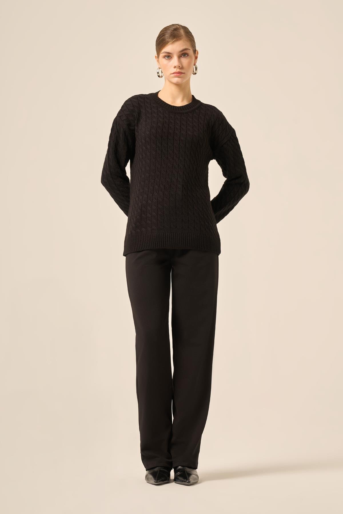 FTZ Women Kadın Saç Örgü Kazak  Siyah 20882