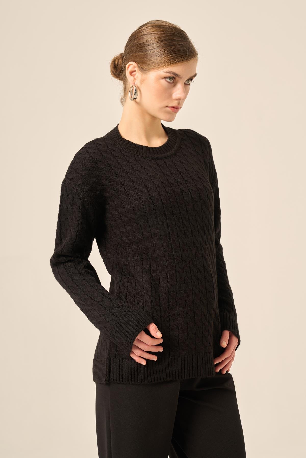 FTZ Women Kadın Saç Örgü Kazak  Siyah 20882