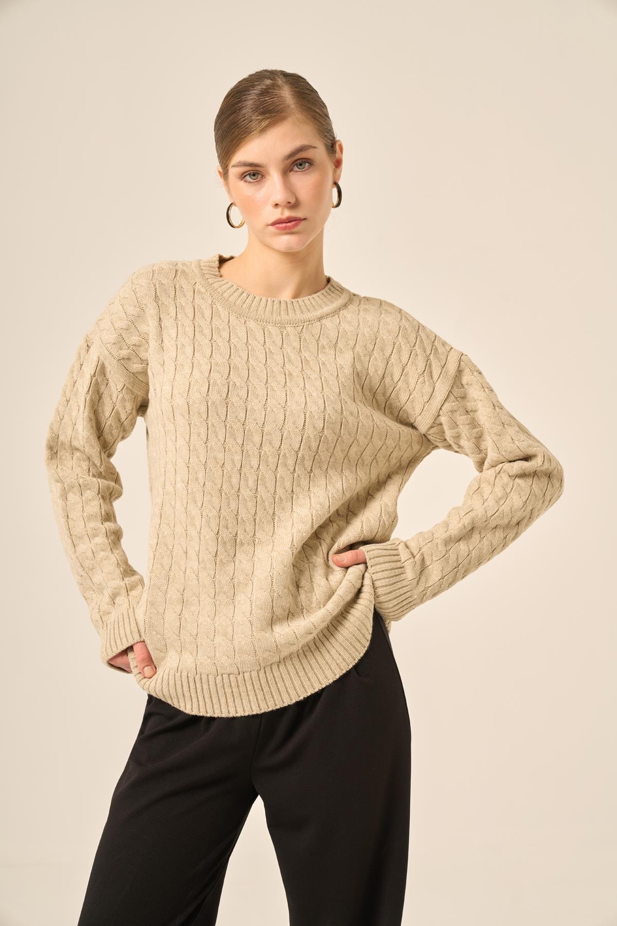 FTZ Women Kadın Saç Örgü Kazak  Taş 20882