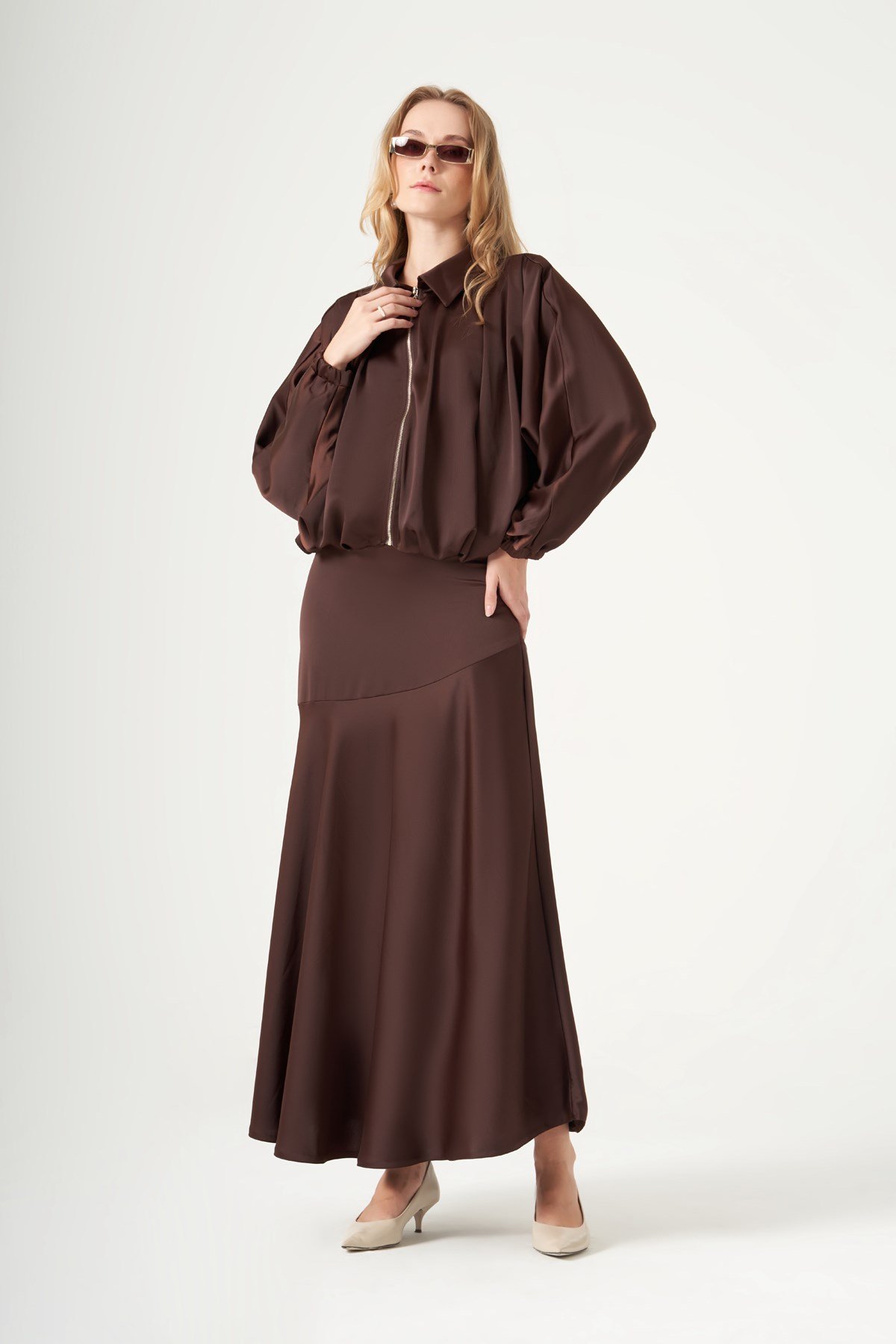 FTZ Women Kadın Saten Etekli Takım  Kahve 31574