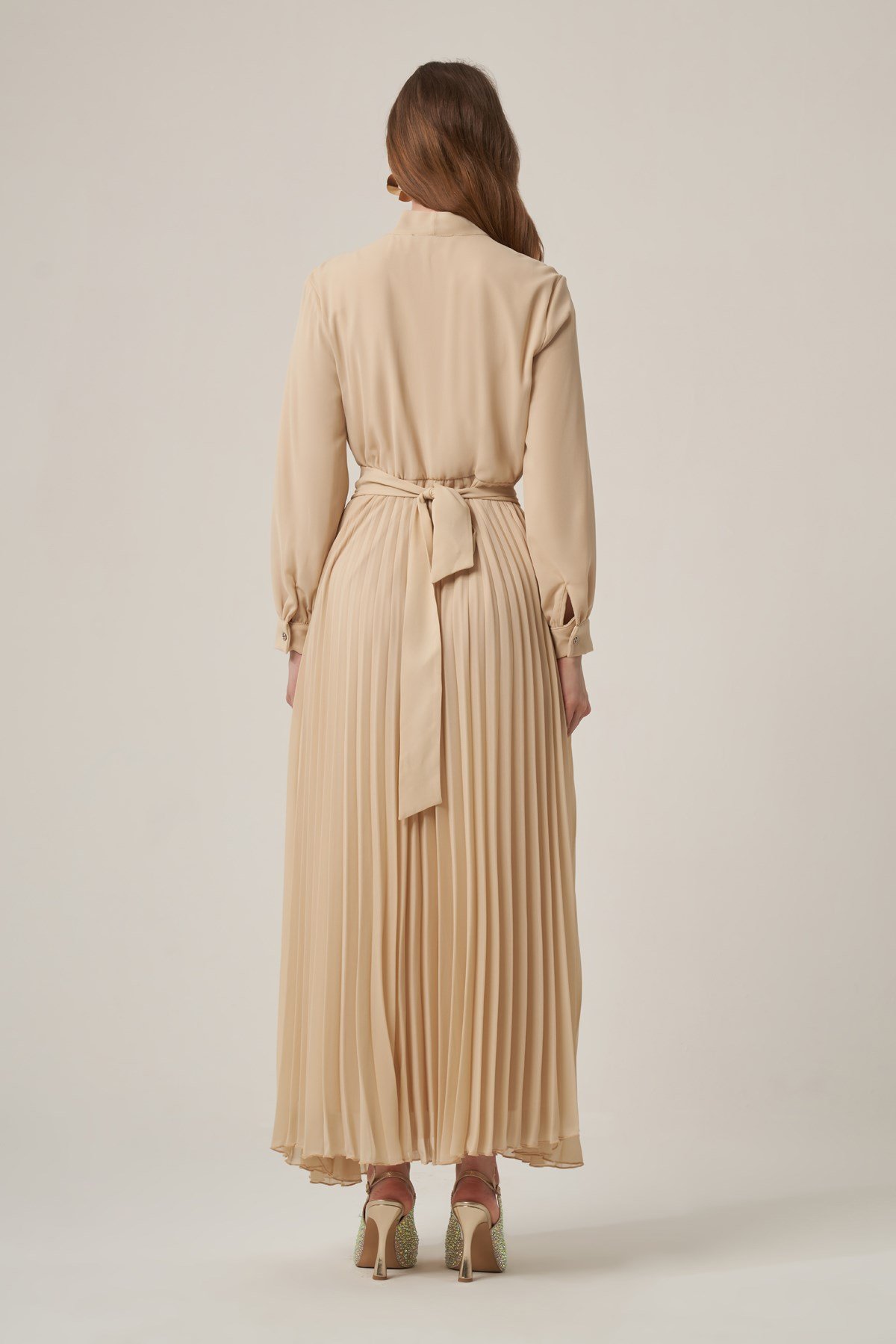 FTZ Women Kadın Şifon Kemer Taşlı Pliseli Elbise  Beige 31406