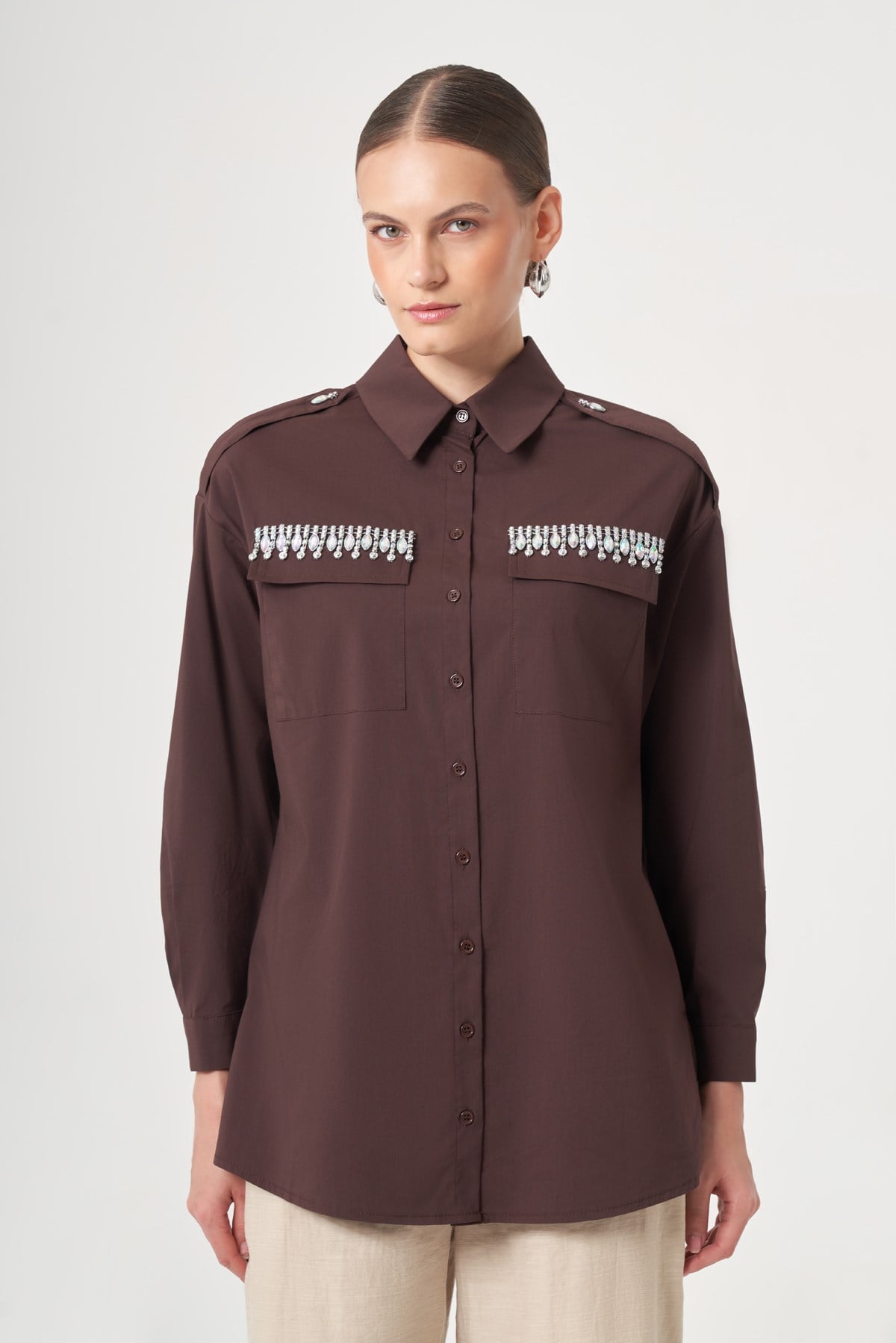 FTZ Women Kadın Taş Detay Gömlek  Kahve 31438