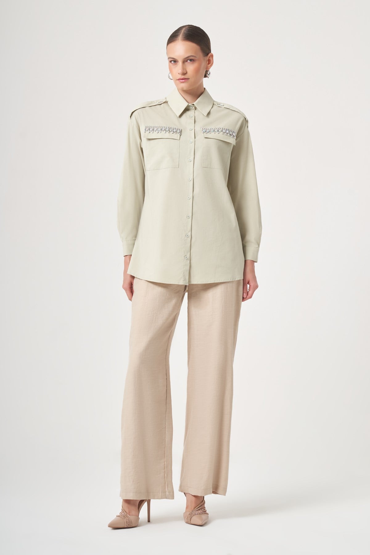 FTZ Women Kadın Taş Detay Gömlek  Mint 31438