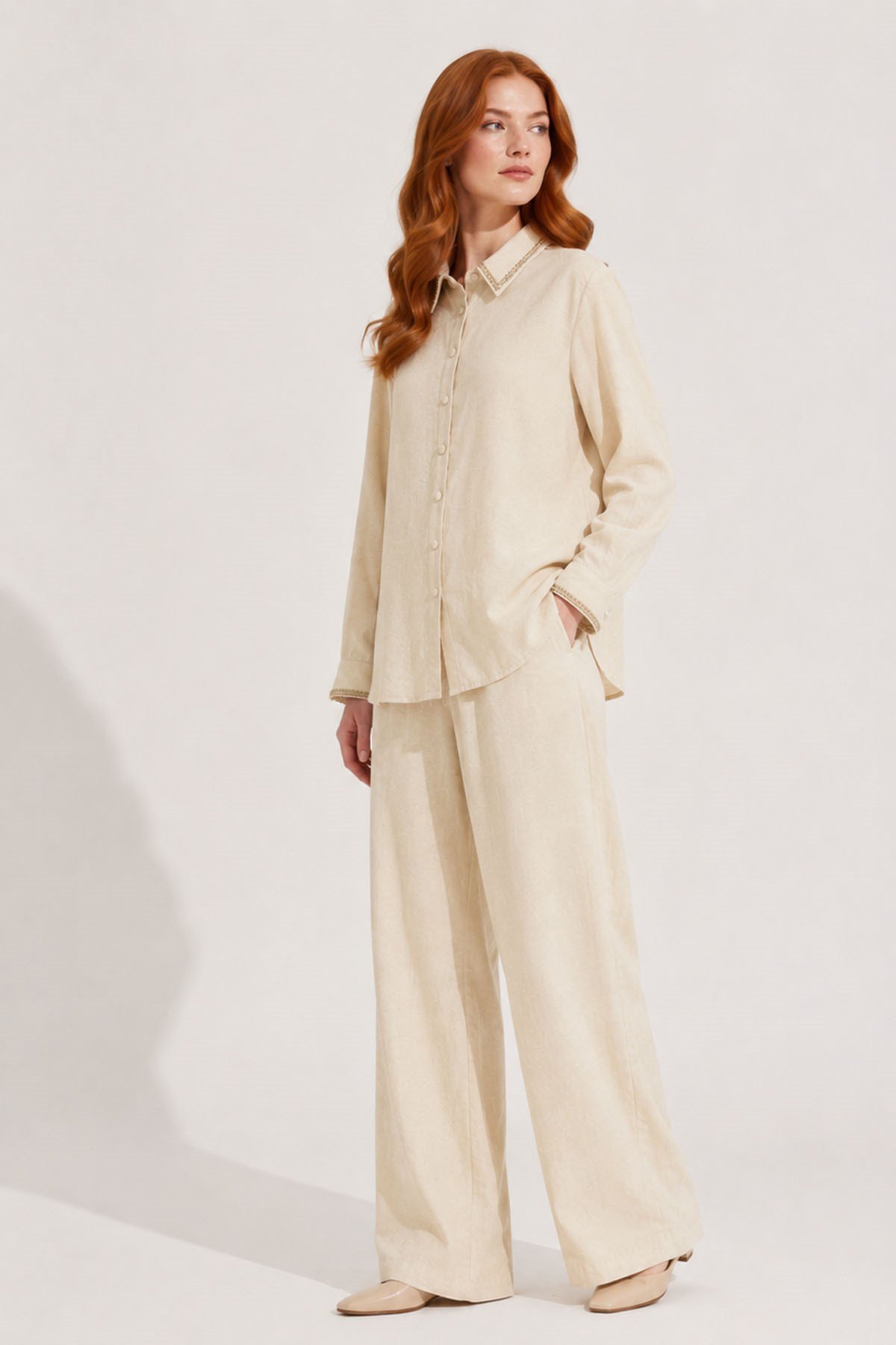 FTZ Women Kadın Taş Detay Keten Takım  Beige 31396