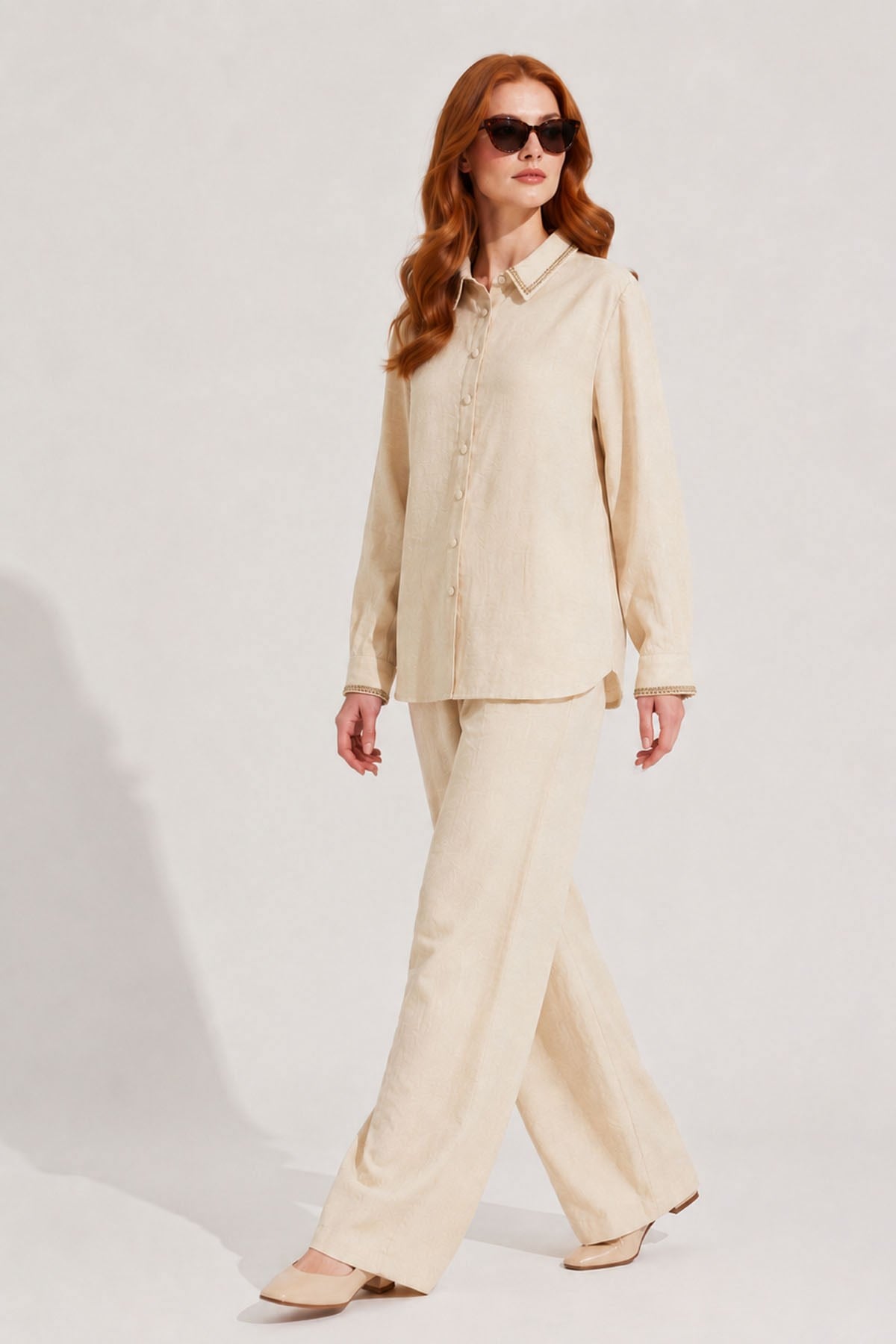 FTZ Women Kadın Taş Detay Keten Takım  Beige 31396