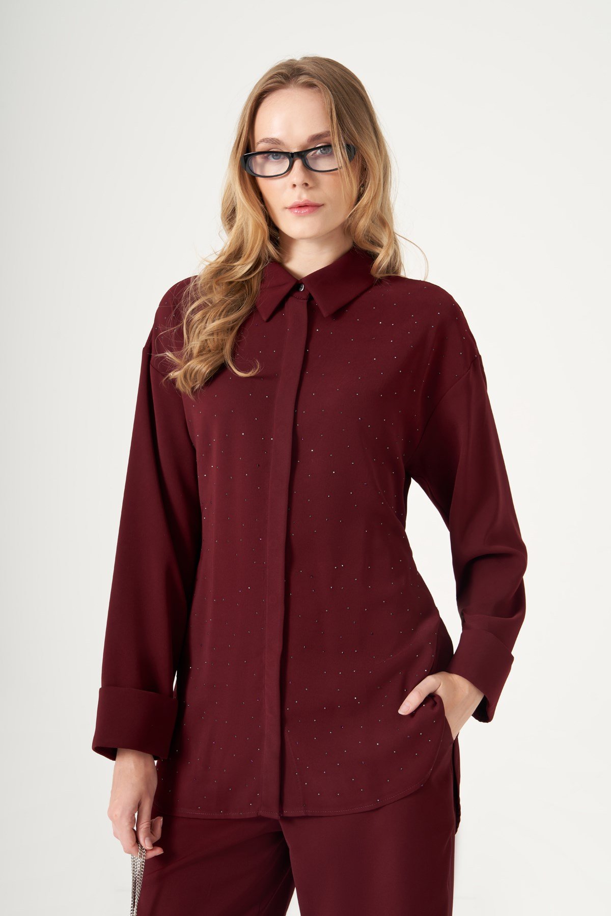 FTZ Women Kadın Taş Detay Pantolonlu Takım  Mürdüm 31540