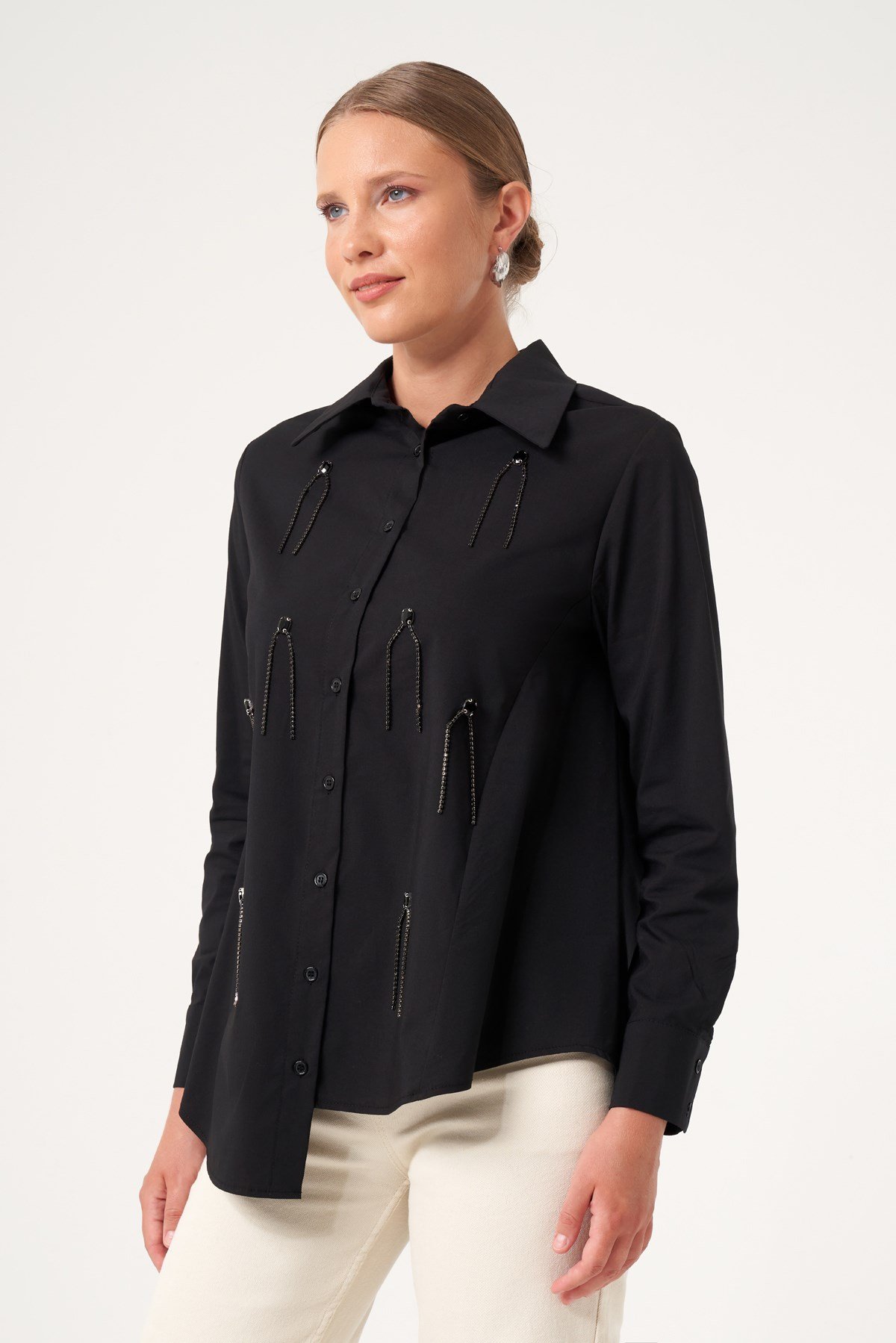 FTZ Women Kadın Taş Detay Poplin Gömlek  Siyah 31509