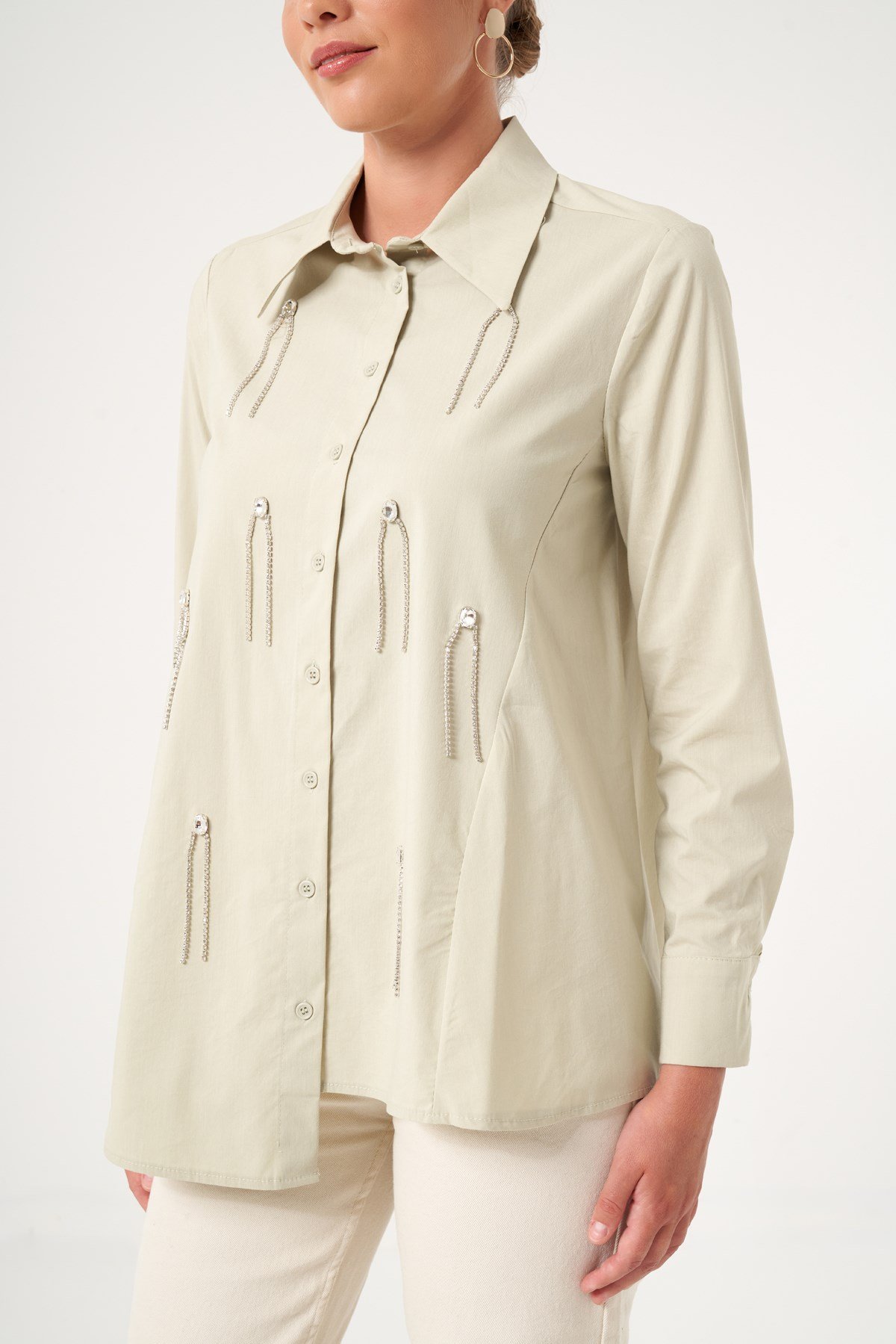 FTZ Women Kadın Taş Detay Poplin Gömlek  Mint 31509
