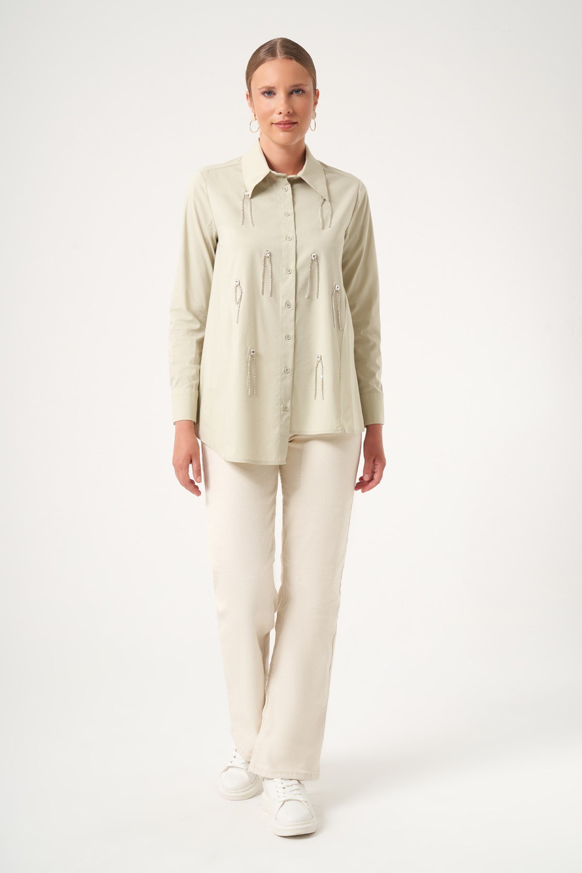 FTZ Women Kadın Taş Detay Poplin Gömlek  Mint 31509