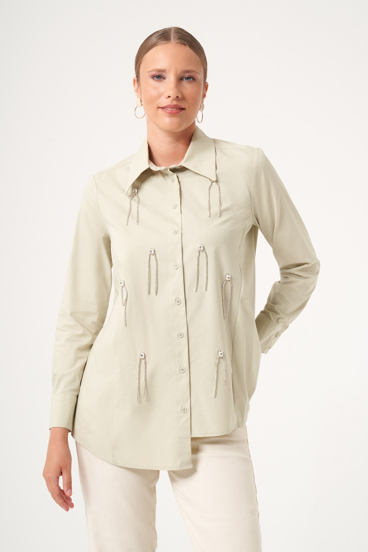 FTZ Women Kadın Taş Detay Poplin Gömlek  Mint 31509