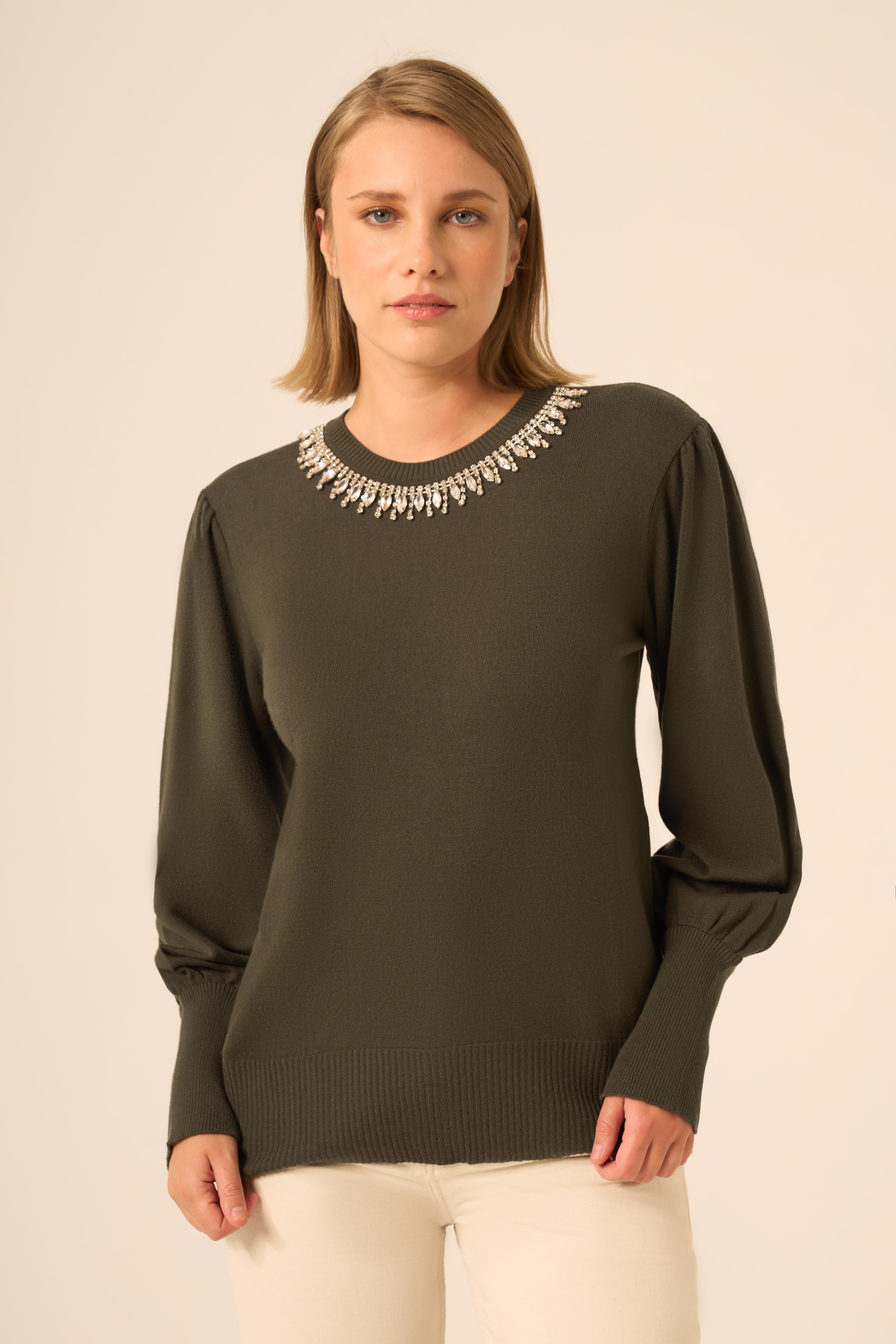 FTZ Women Kadın Taş Detaylı Kazak  Haki 25050