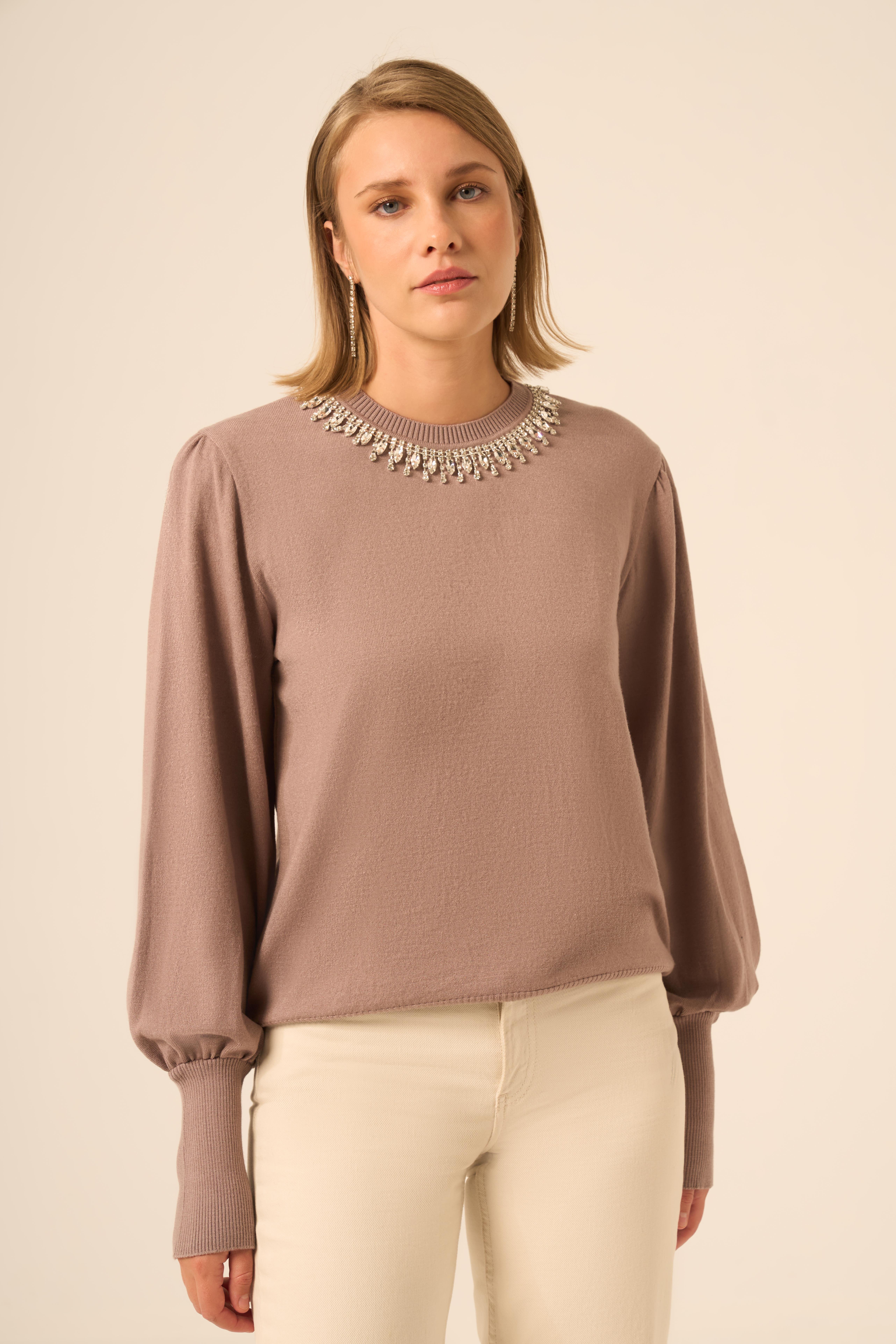 FTZ Women Kadın Taş Detaylı Kazak  Sütlü Kahve 25050