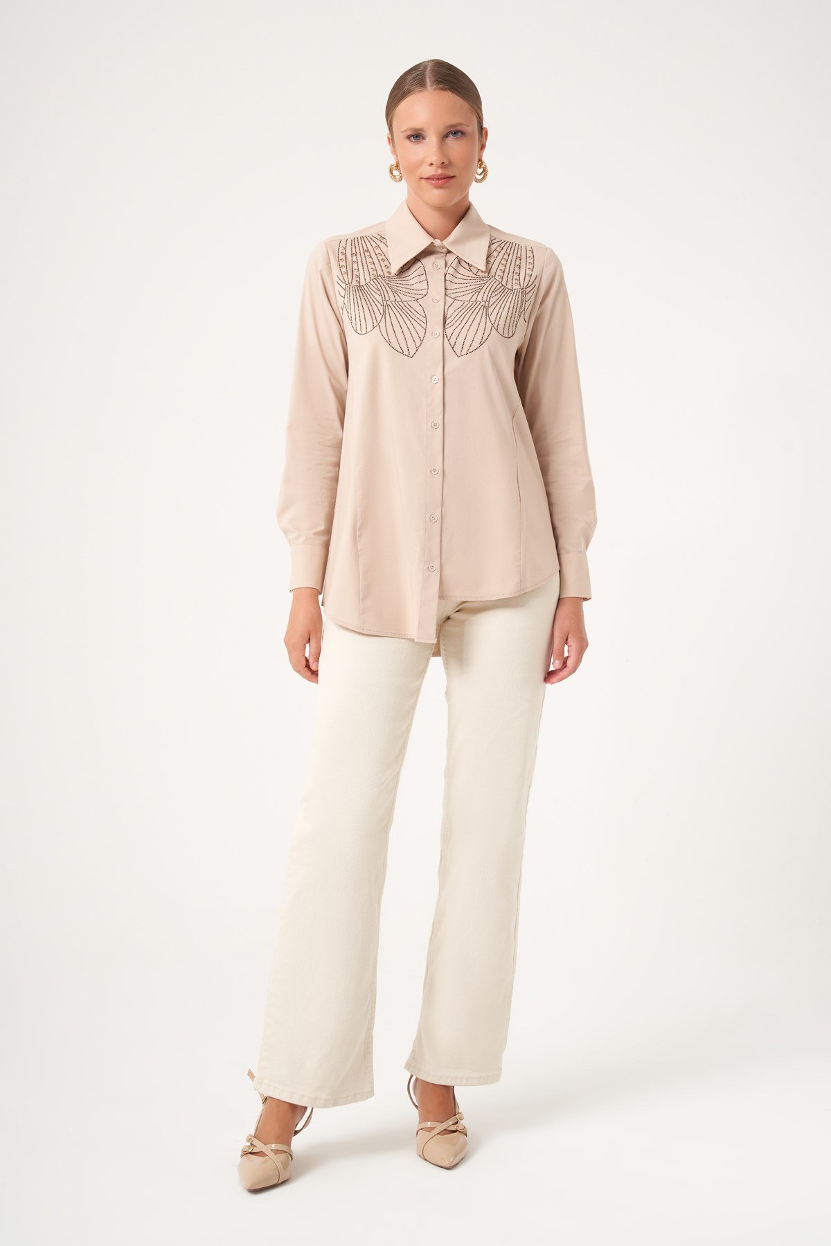 FTZ Women Kadın Taş İşleme Gömlek  Beige 31508
