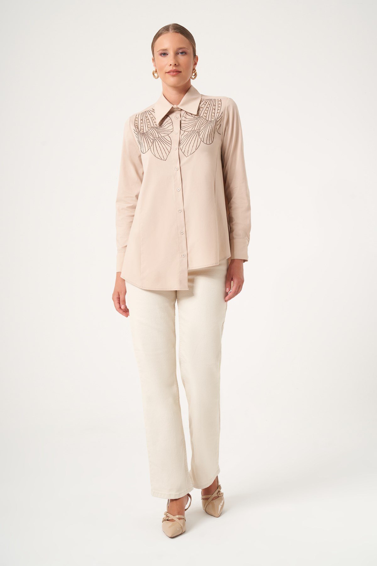 FTZ Women Kadın Taş İşleme Gömlek  Beige 31508