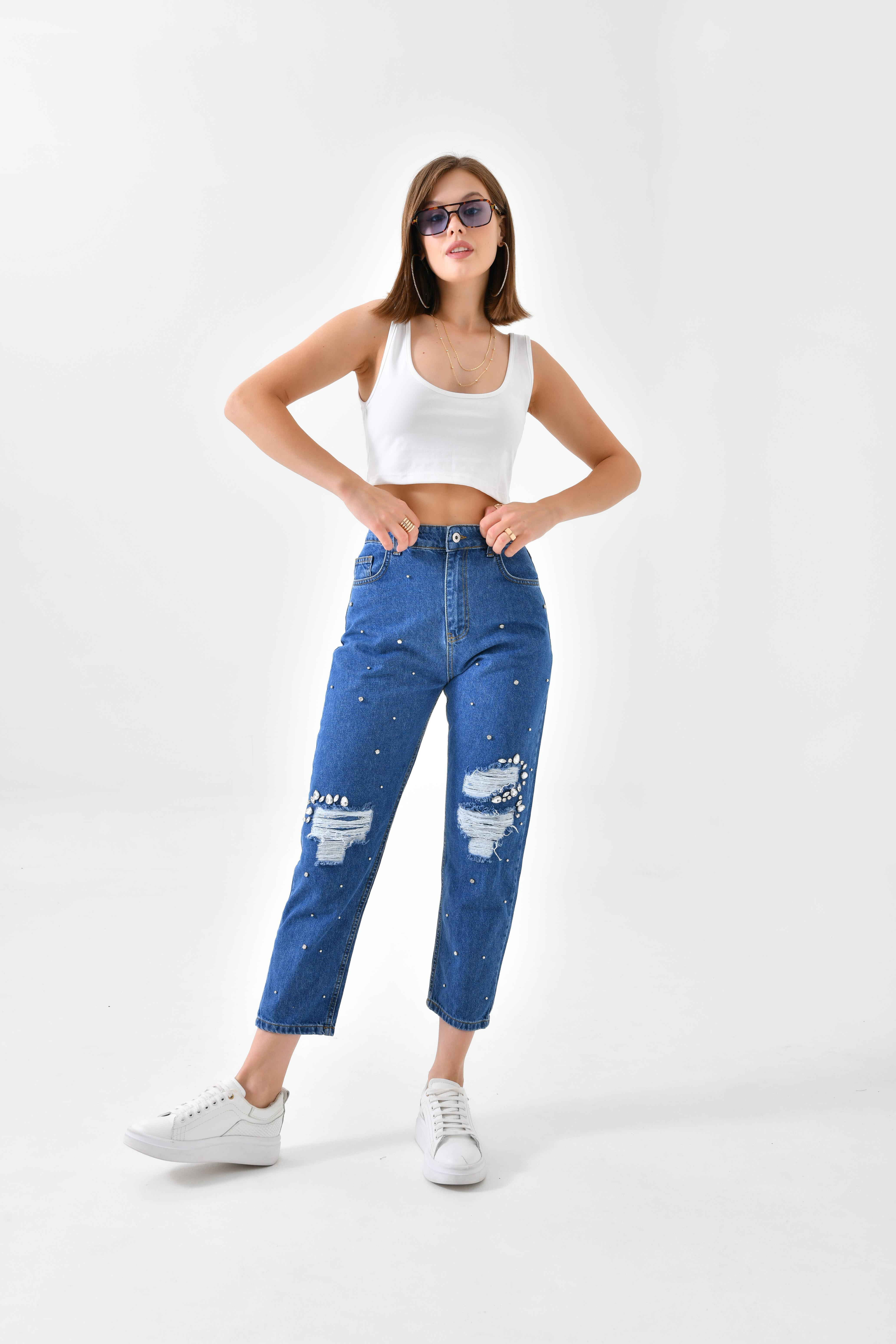 FTZ Women Kadın Taşlı Jean Pantolon  Lacivert RBN3065