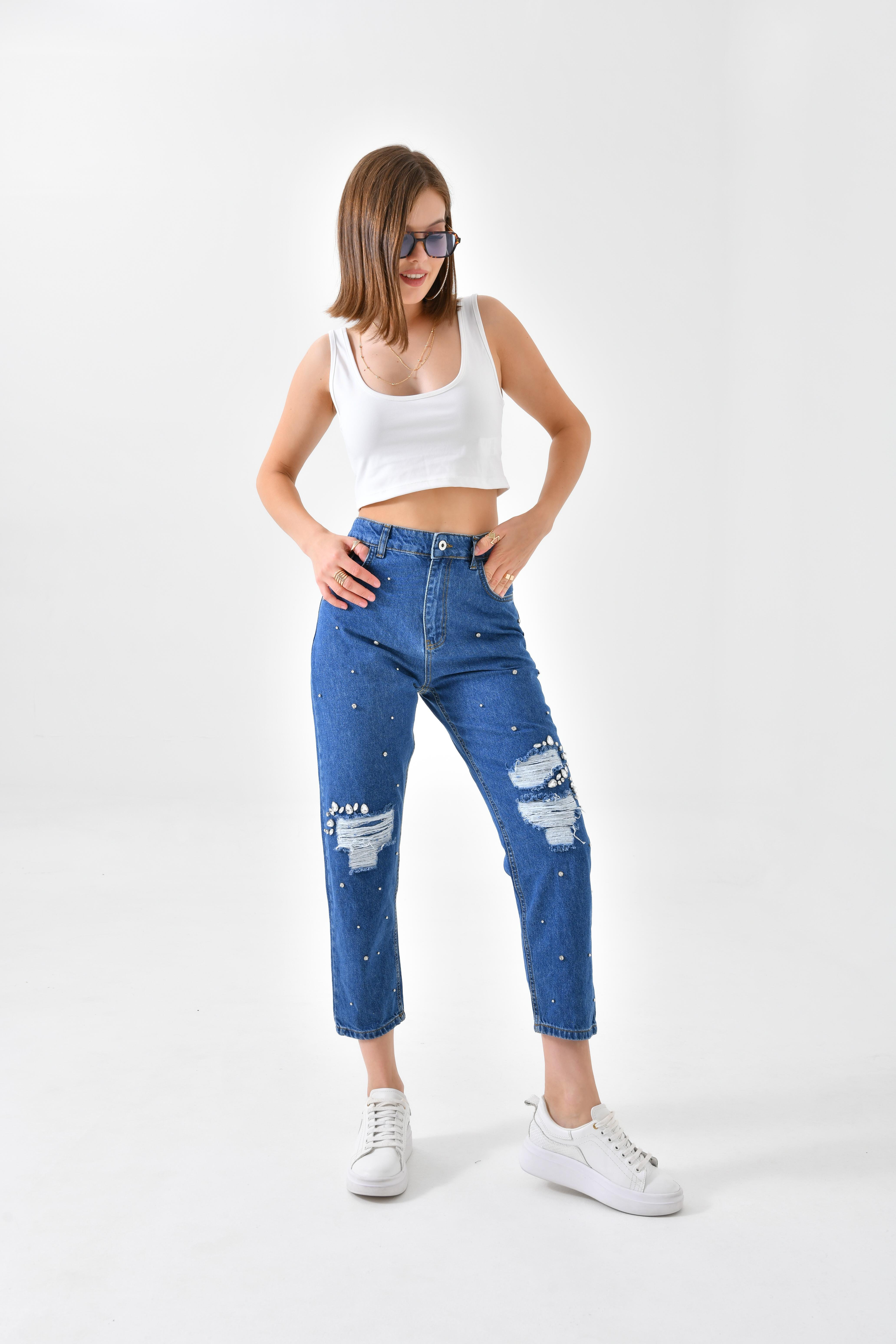 FTZ Women Kadın Taşlı Jean Pantolon  Lacivert RBN3065