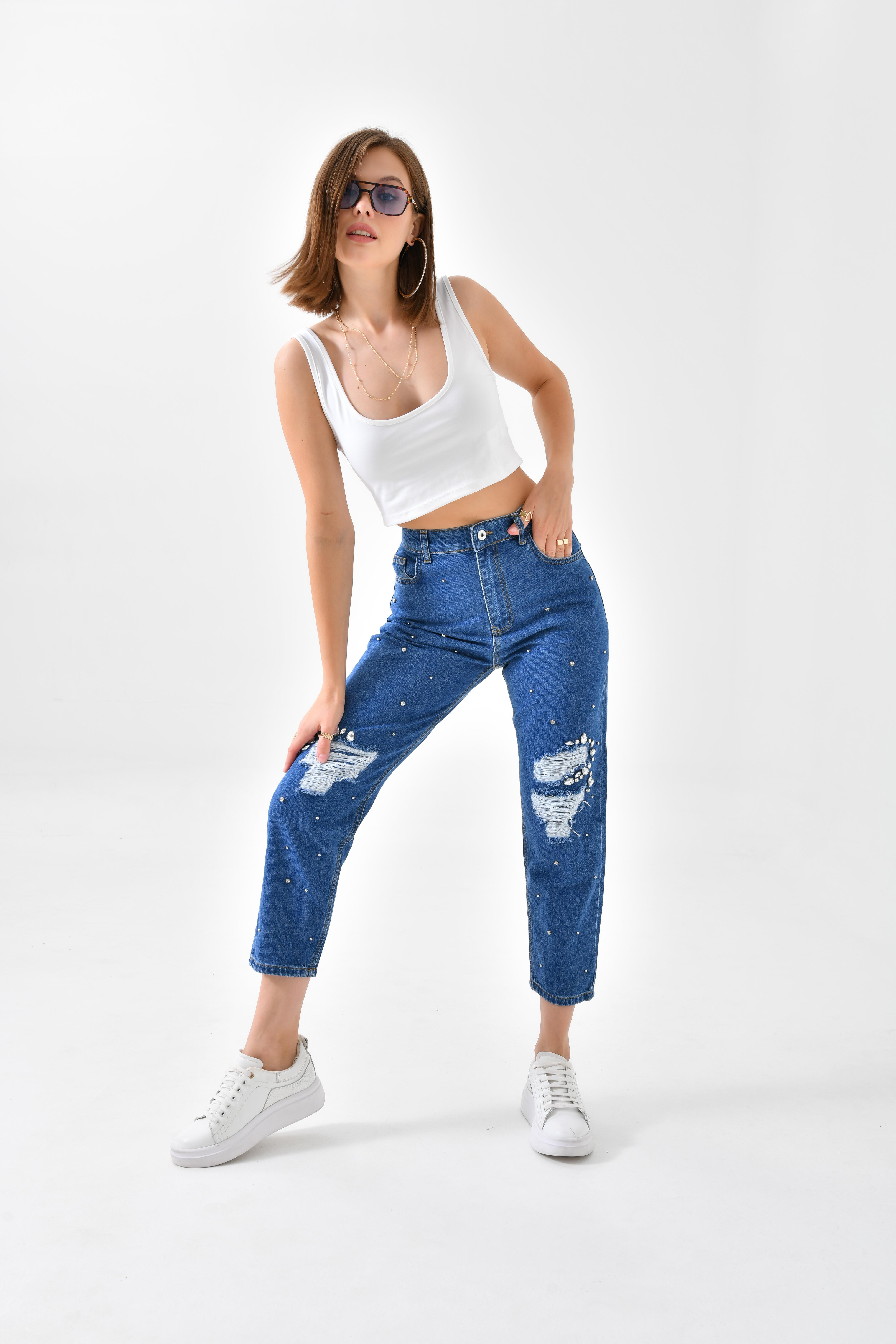 FTZ Women Kadın Taşlı Jean Pantolon  Lacivert RBN3065