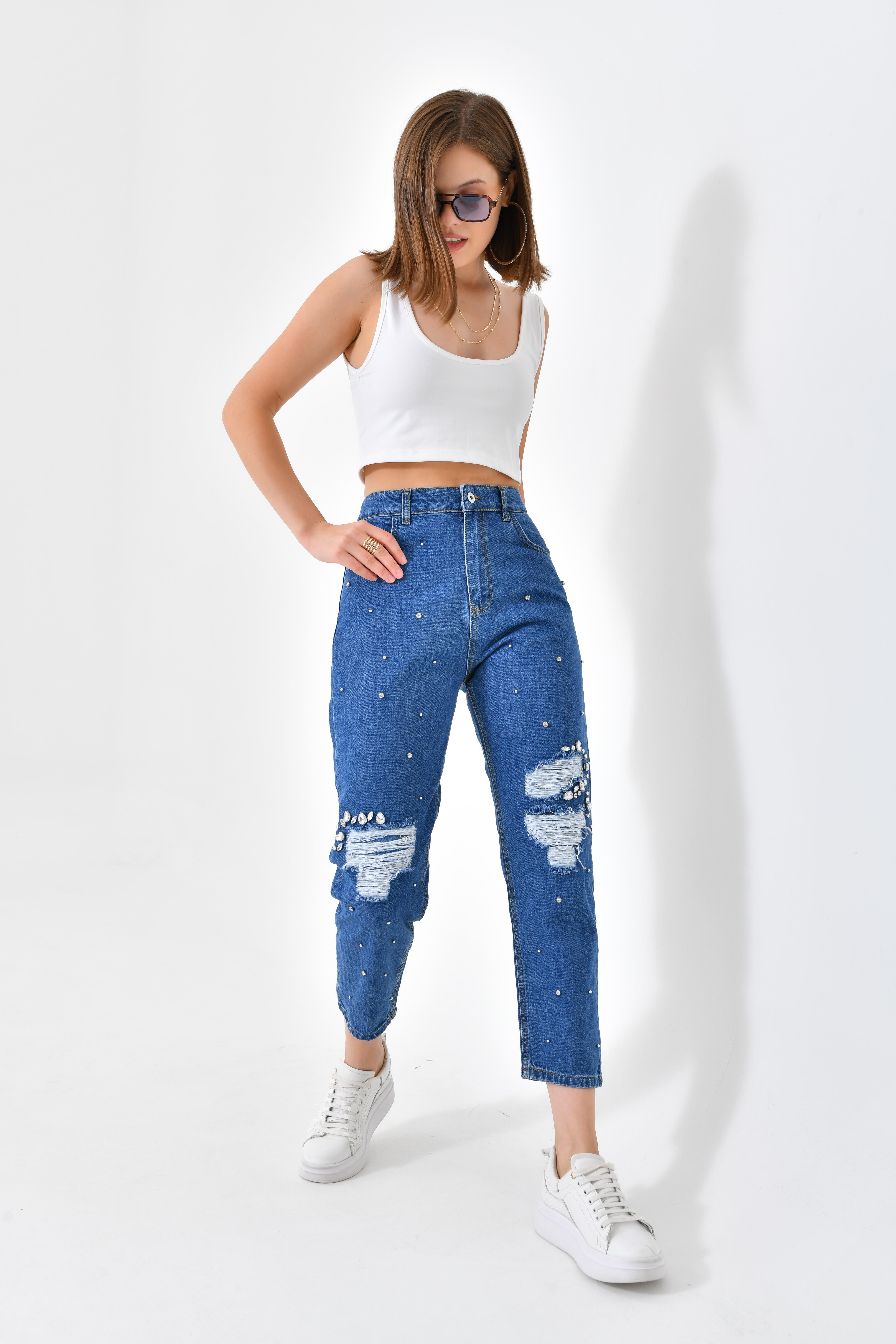 FTZ Women Kadın Taşlı Jean Pantolon  Lacivert RBN3065