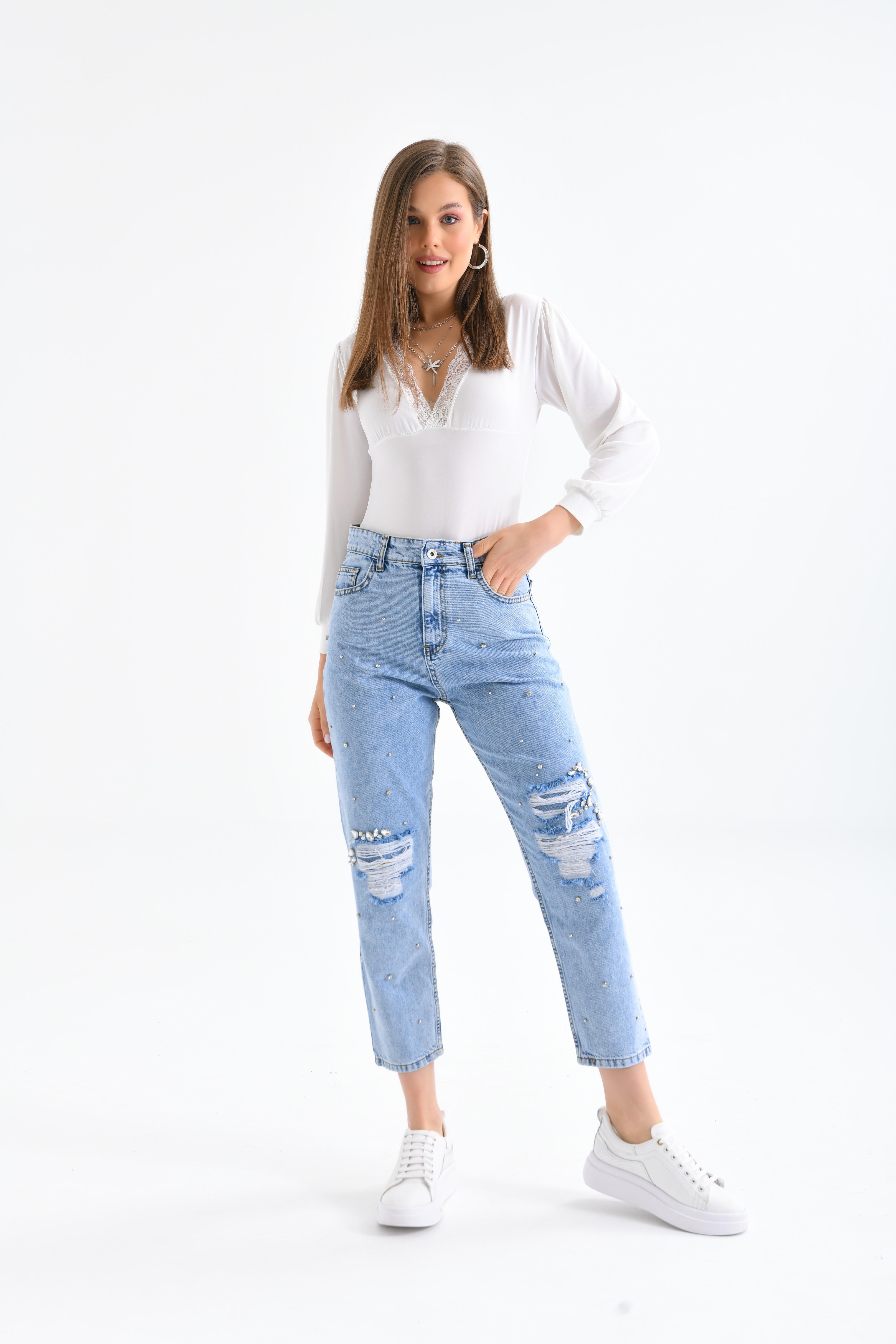FTZ Women Kadın Taşlı Jean Pantolon  Mavi RBN3065