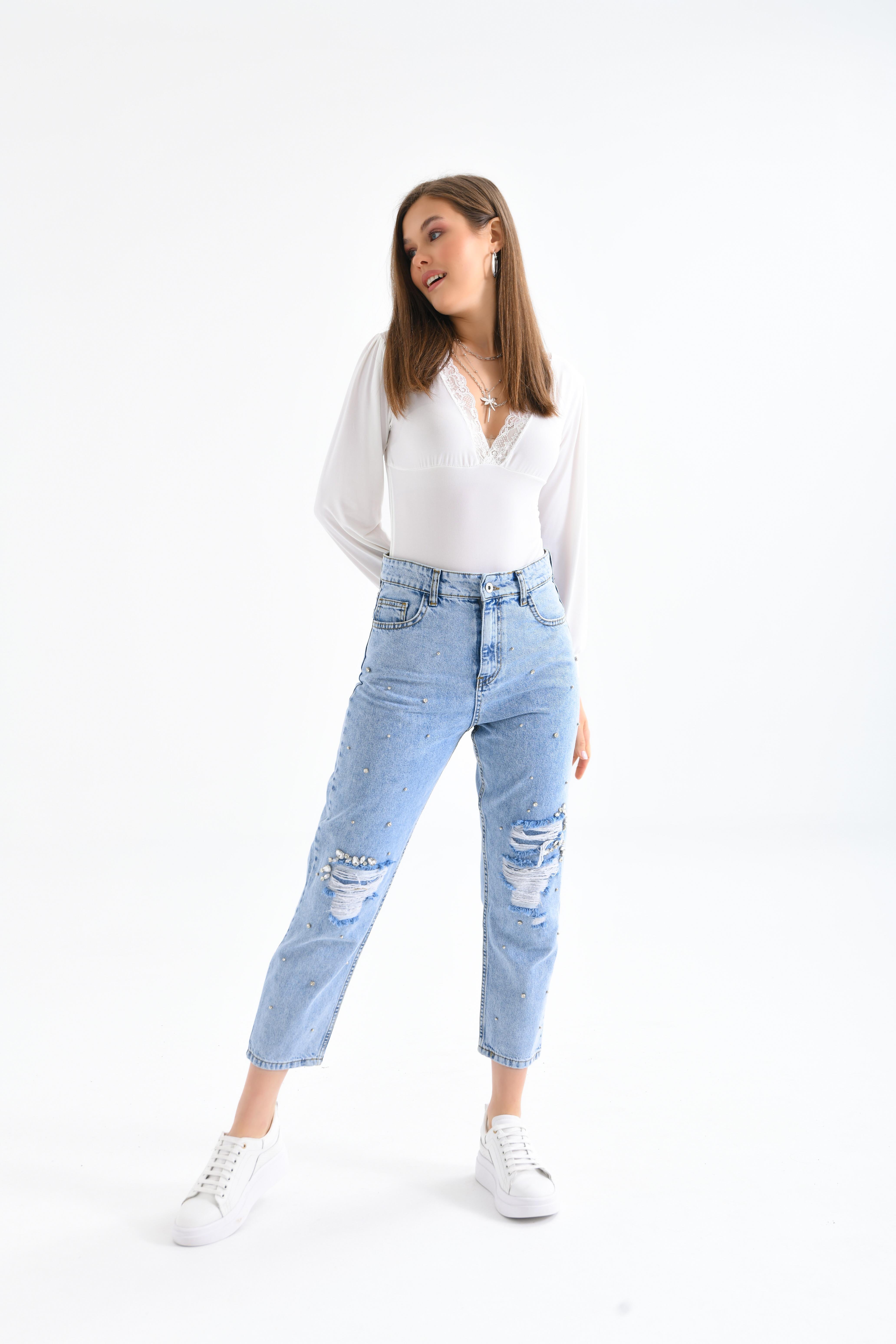 FTZ Women Kadın Taşlı Jean Pantolon  Mavi RBN3065