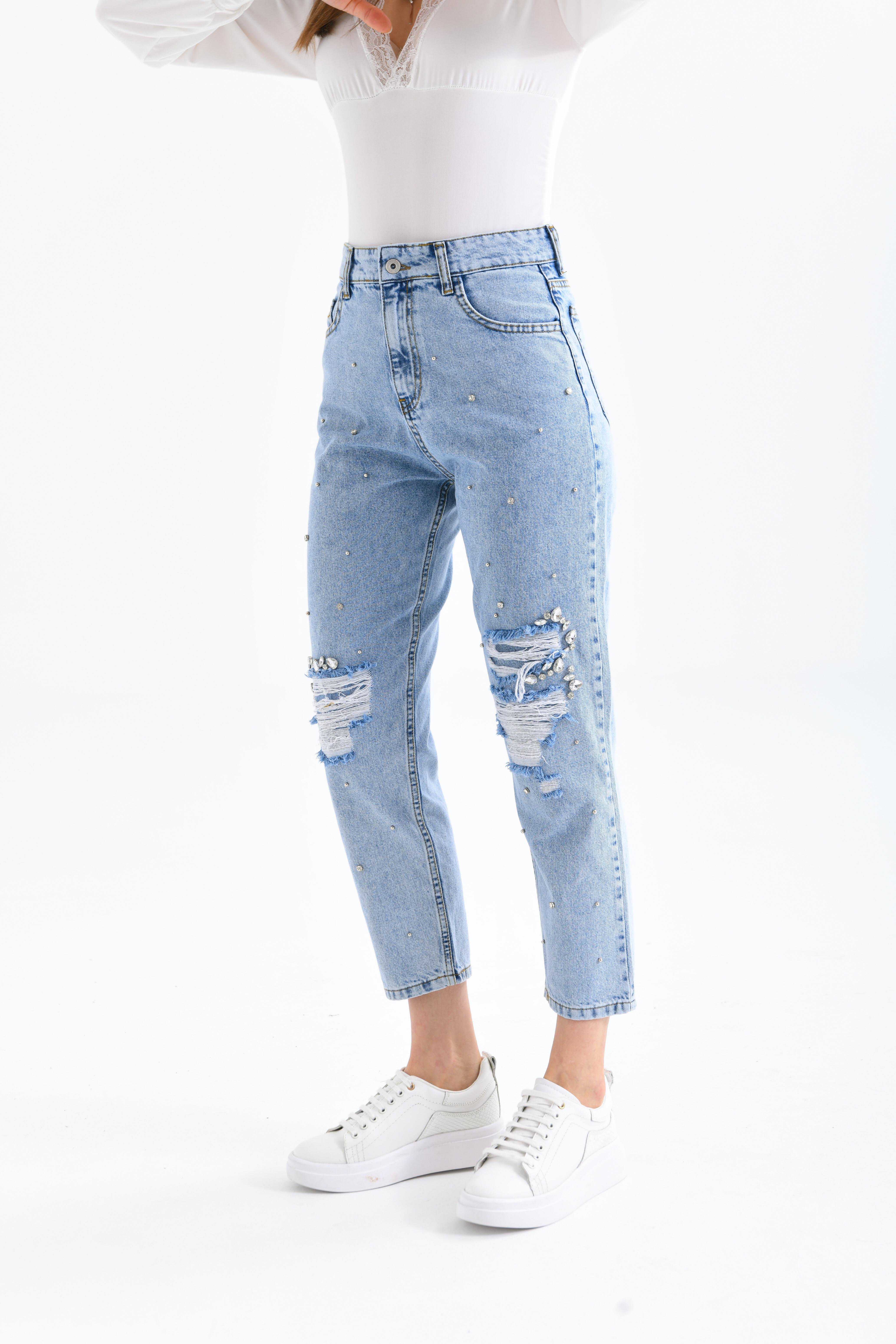 FTZ Women Kadın Taşlı Jean Pantolon  Mavi RBN3065
