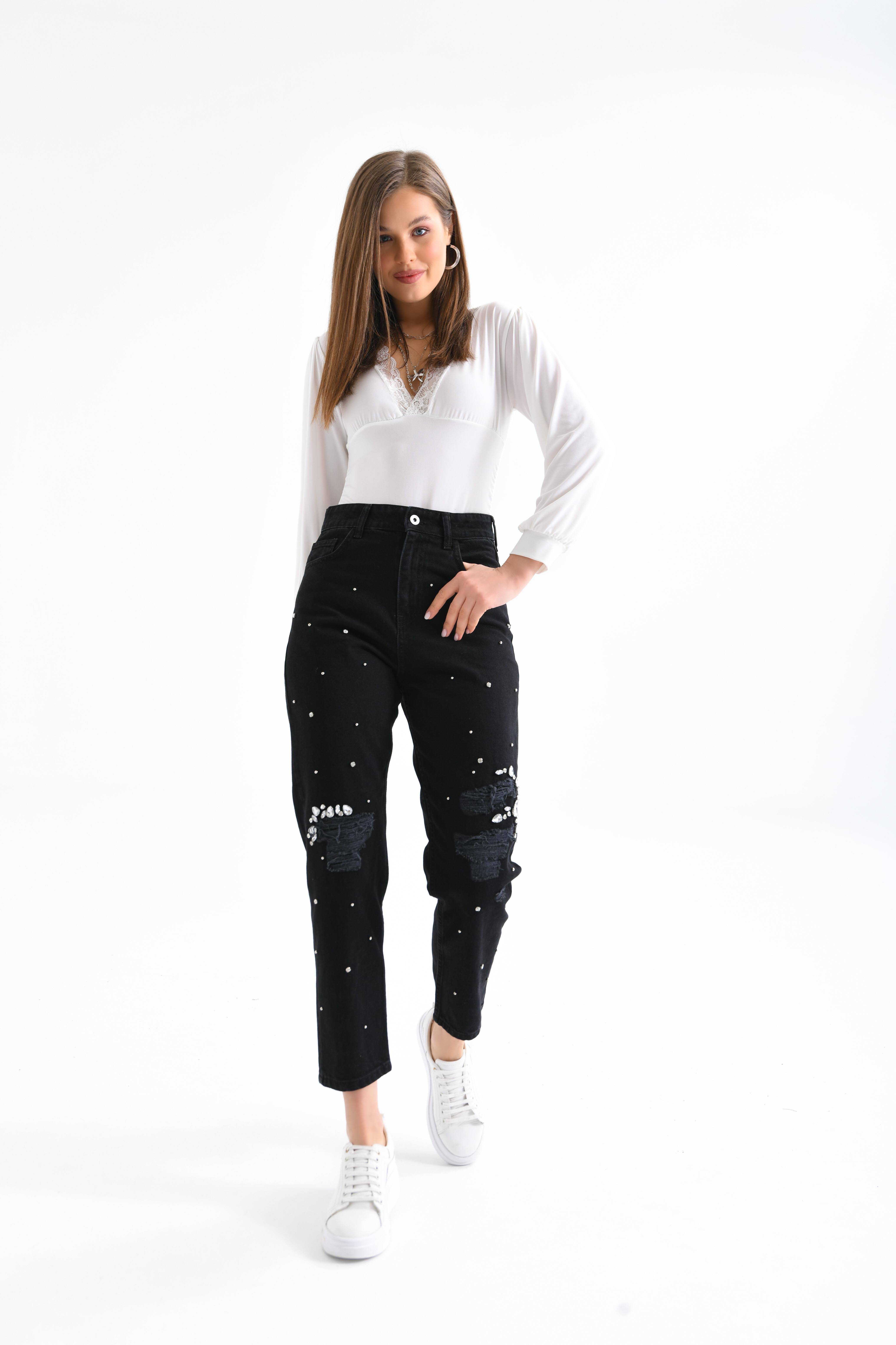 FTZ Women Kadın Taşlı Jean Pantolon  Siyah RBN3065