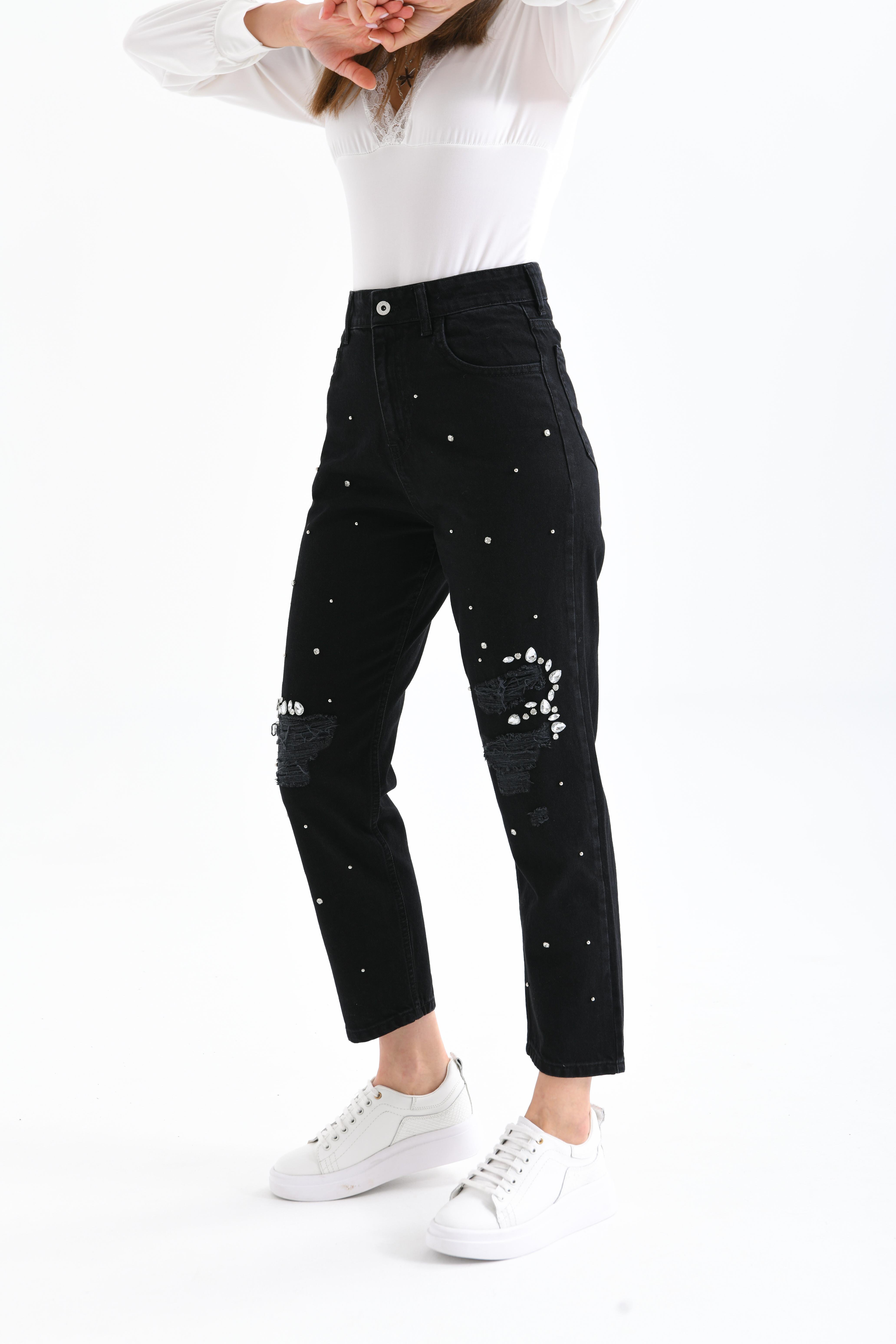 FTZ Women Kadın Taşlı Jean Pantolon  Siyah RBN3065