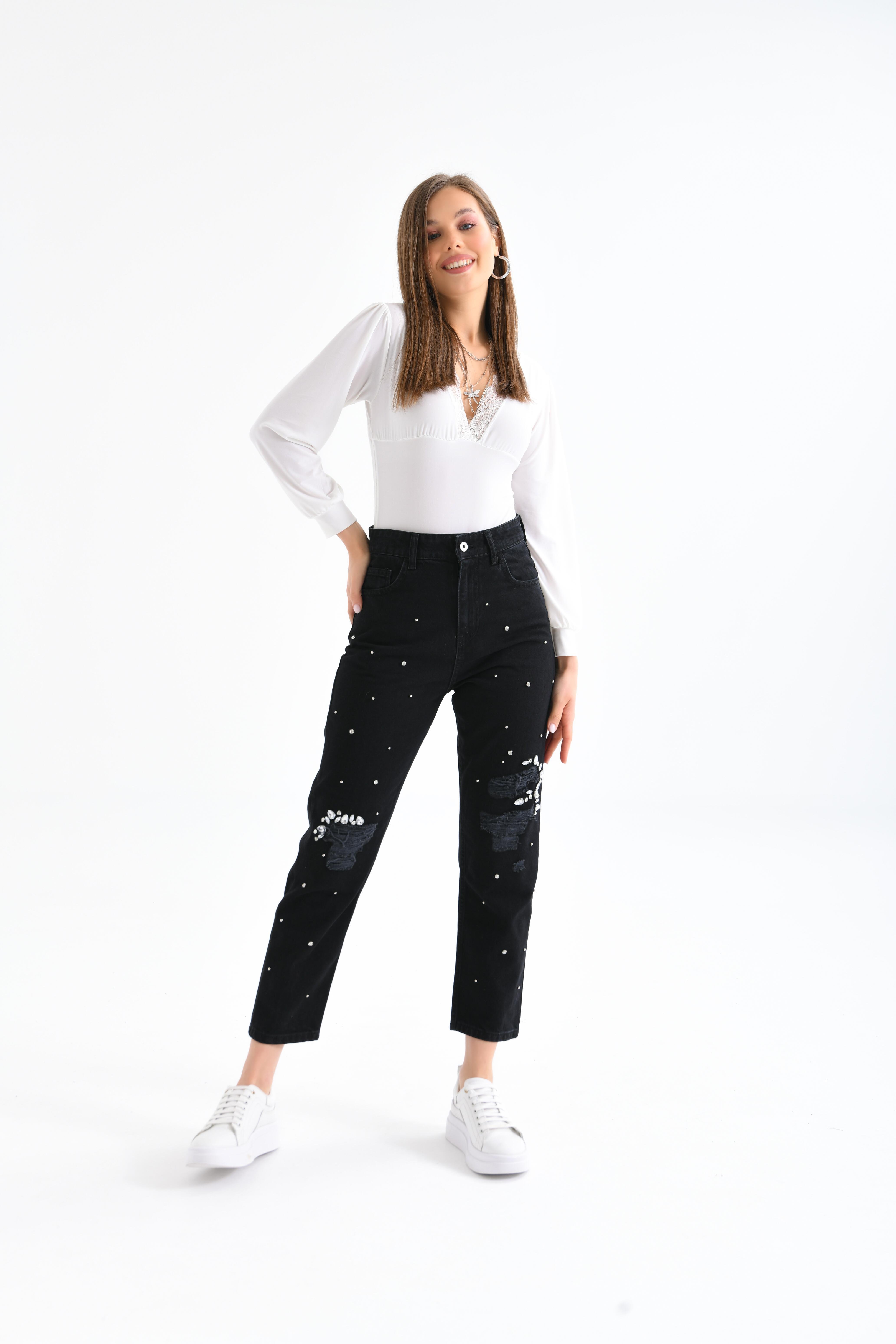 FTZ Women Kadın Taşlı Jean Pantolon  Siyah RBN3065