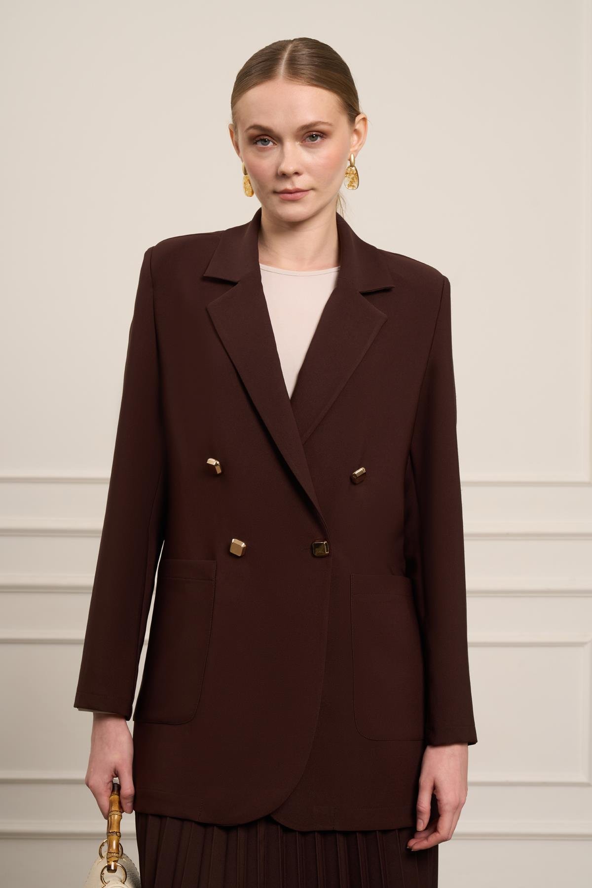 FTZ Women Kadın Tek Kruvaze Ceket  Kahve 31066