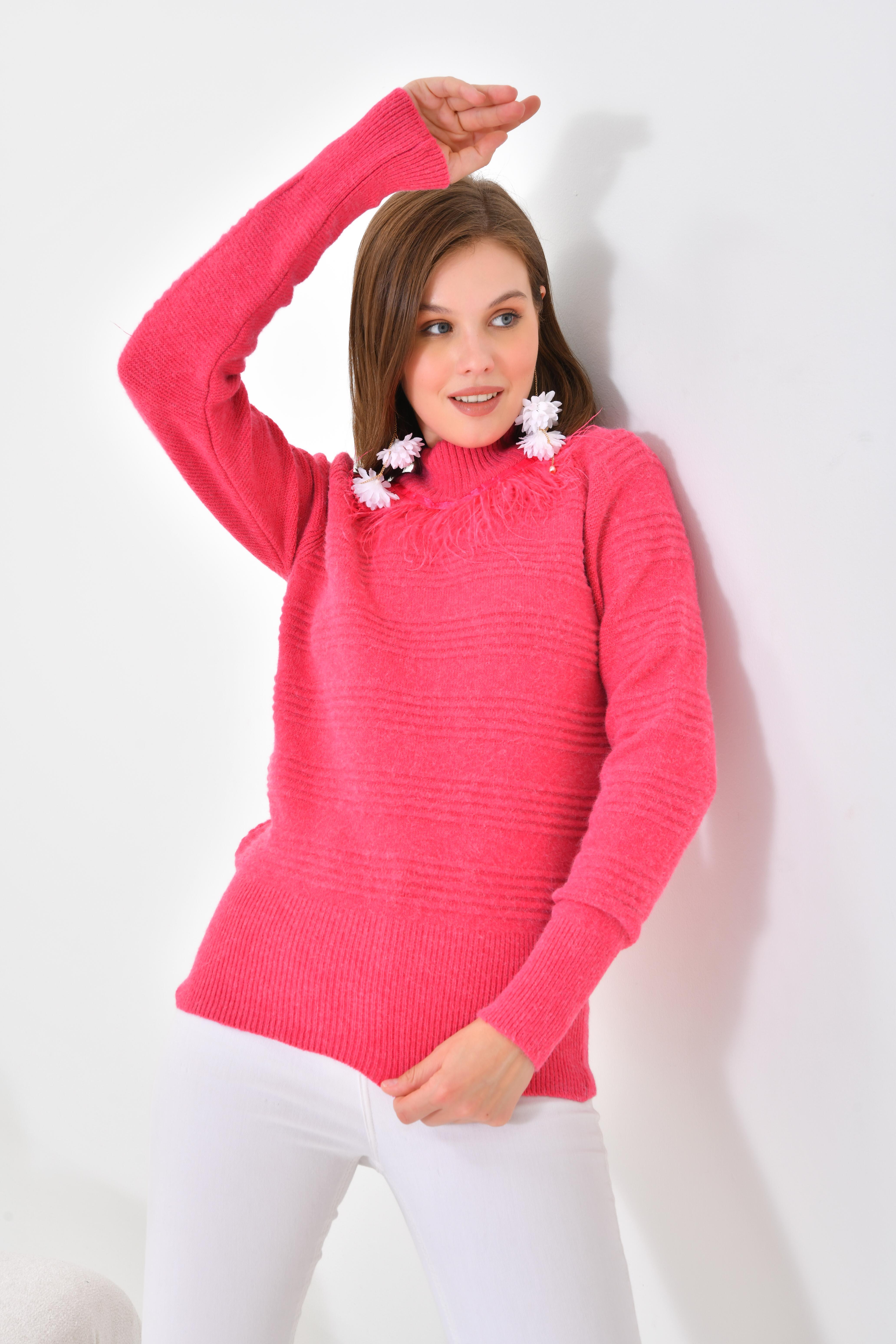 FTZ Women Kadın Tüy Detaylı Kazak  Fuşya 20516