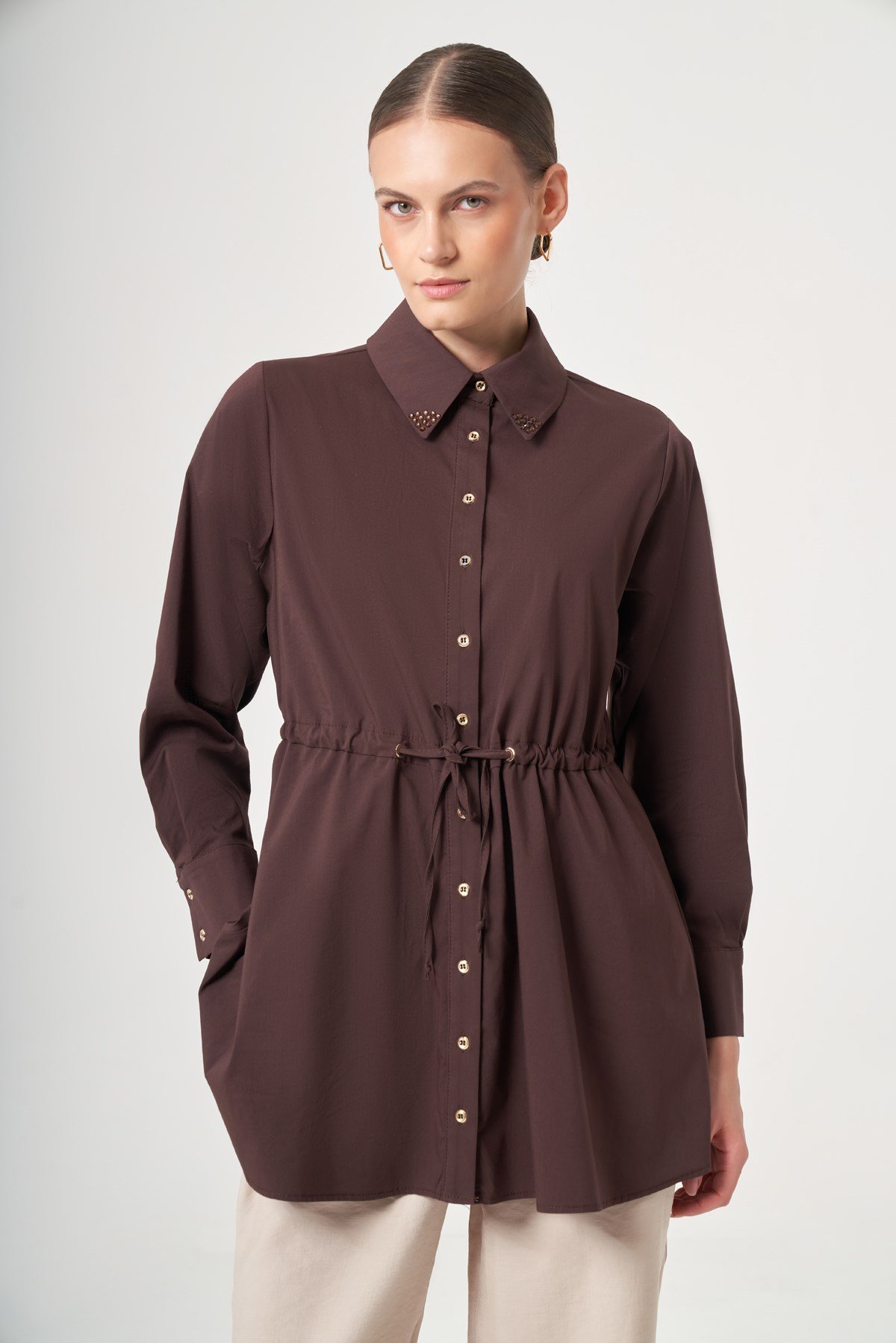 FTZ Women Kadın Yaka Trok Poplin Gömlek  Kahve 31444