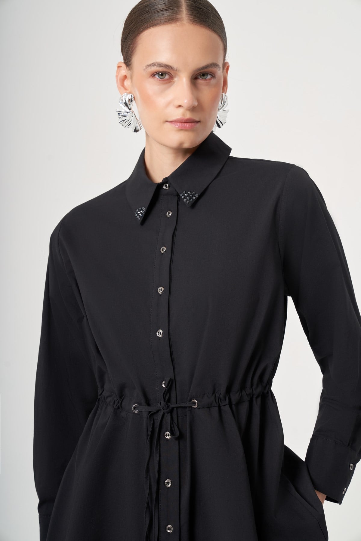 FTZ Women Kadın Yaka Trok Poplin Gömlek  Siyah 31444