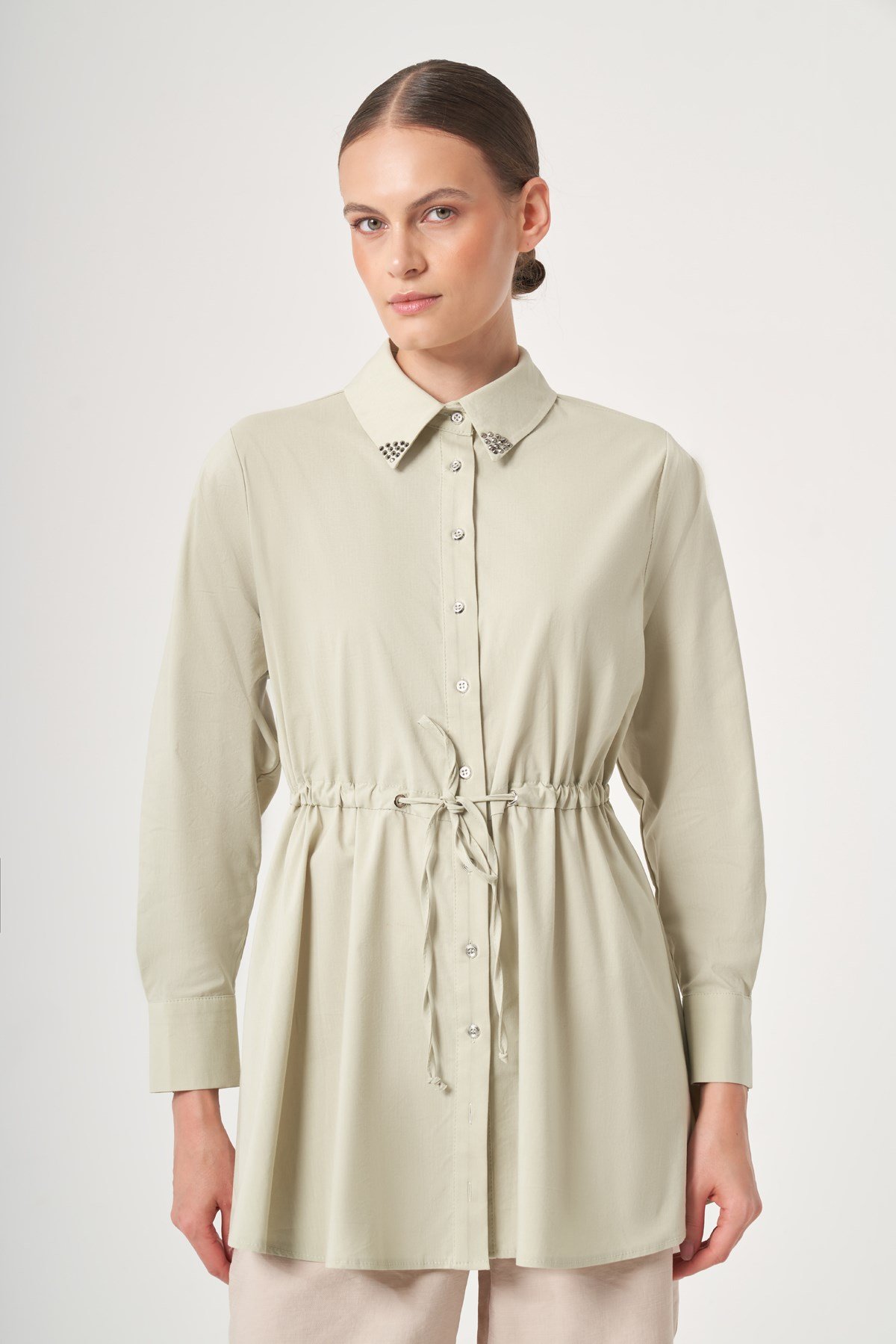 FTZ Women Kadın Yaka Trok Poplin Gömlek  Mint 31444