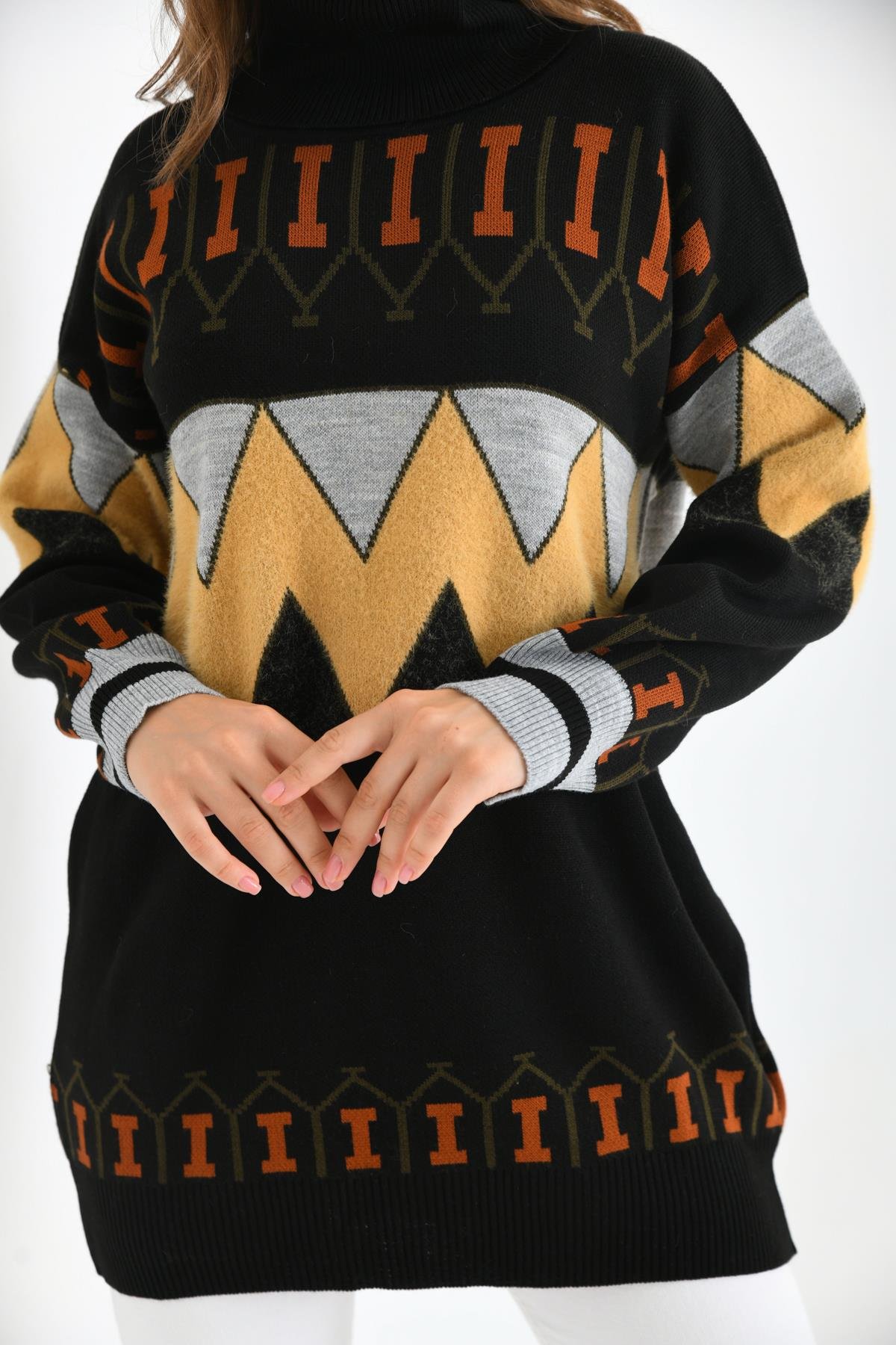 FTZ Women Kadın Zigzag Desen Sakallı Kazak  Siyah 21-6294