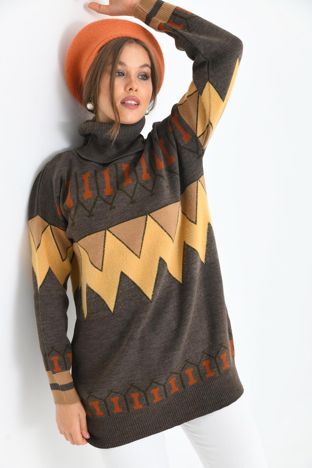 FTZ Women Kadın Zigzag Desen Sakallı Kazak  Kahve 21-6294