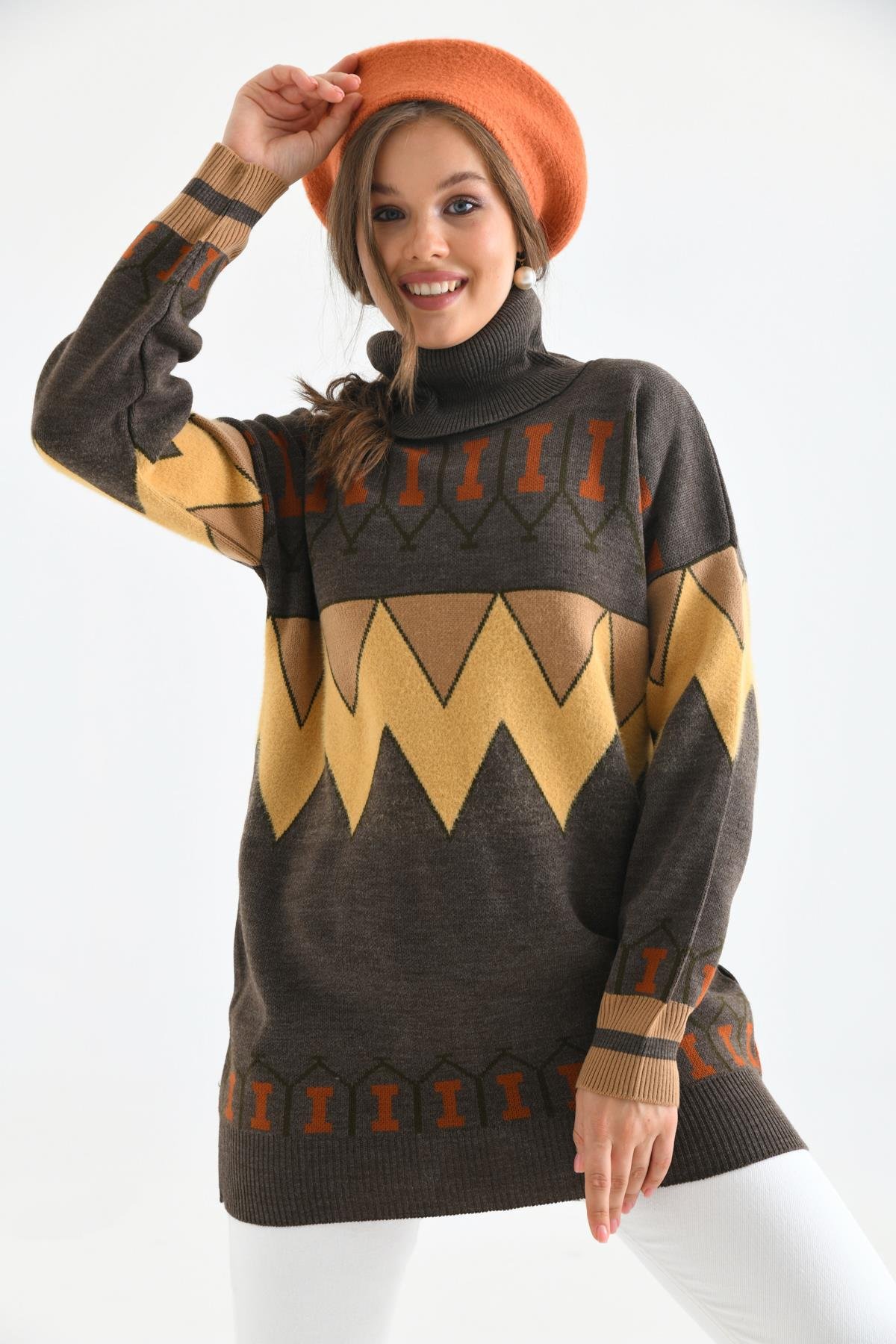 FTZ Women Kadın Zigzag Desen Sakallı Kazak  Kahve 21-6294