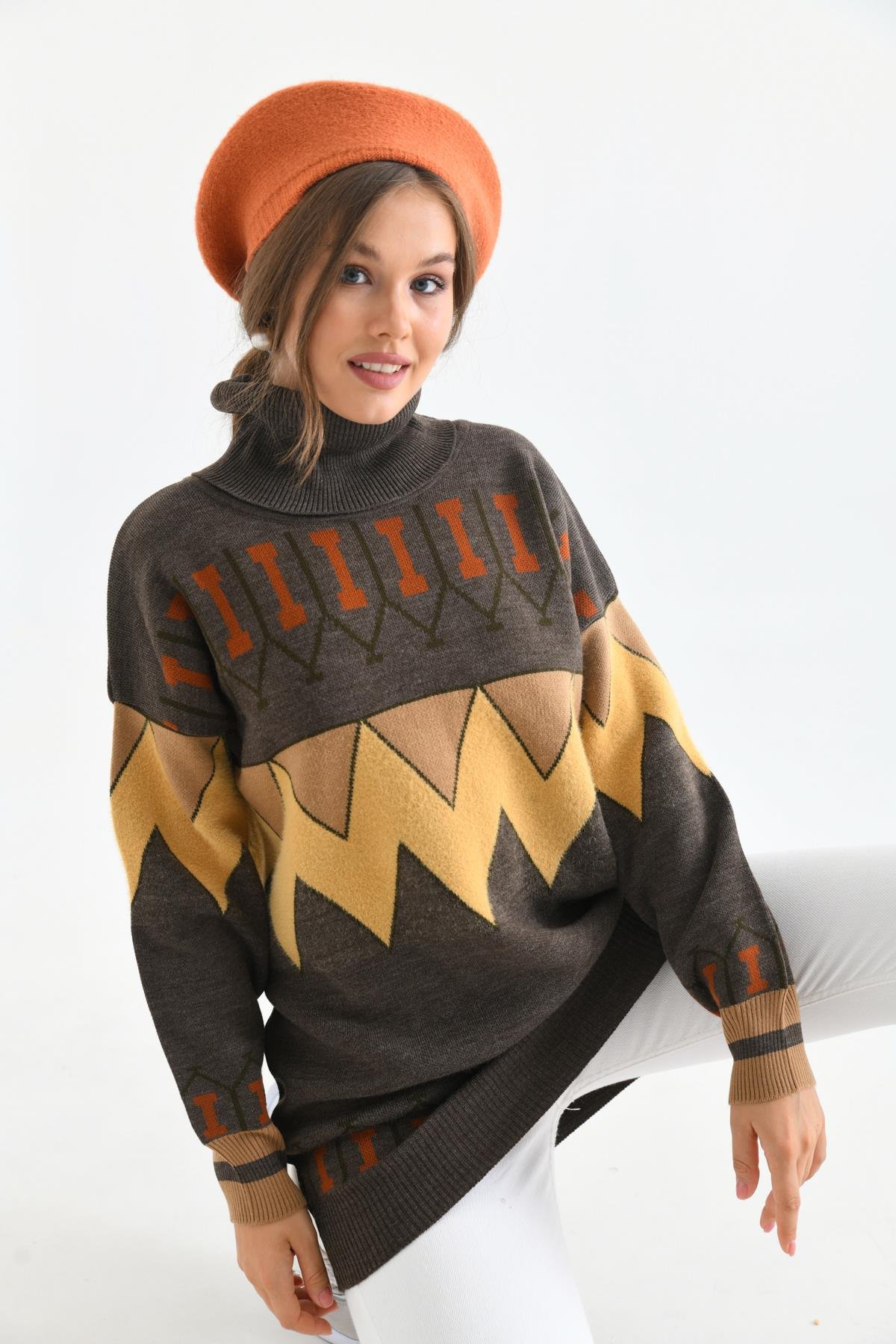 FTZ Women Kadın Zigzag Desen Sakallı Kazak  Kahve 21-6294