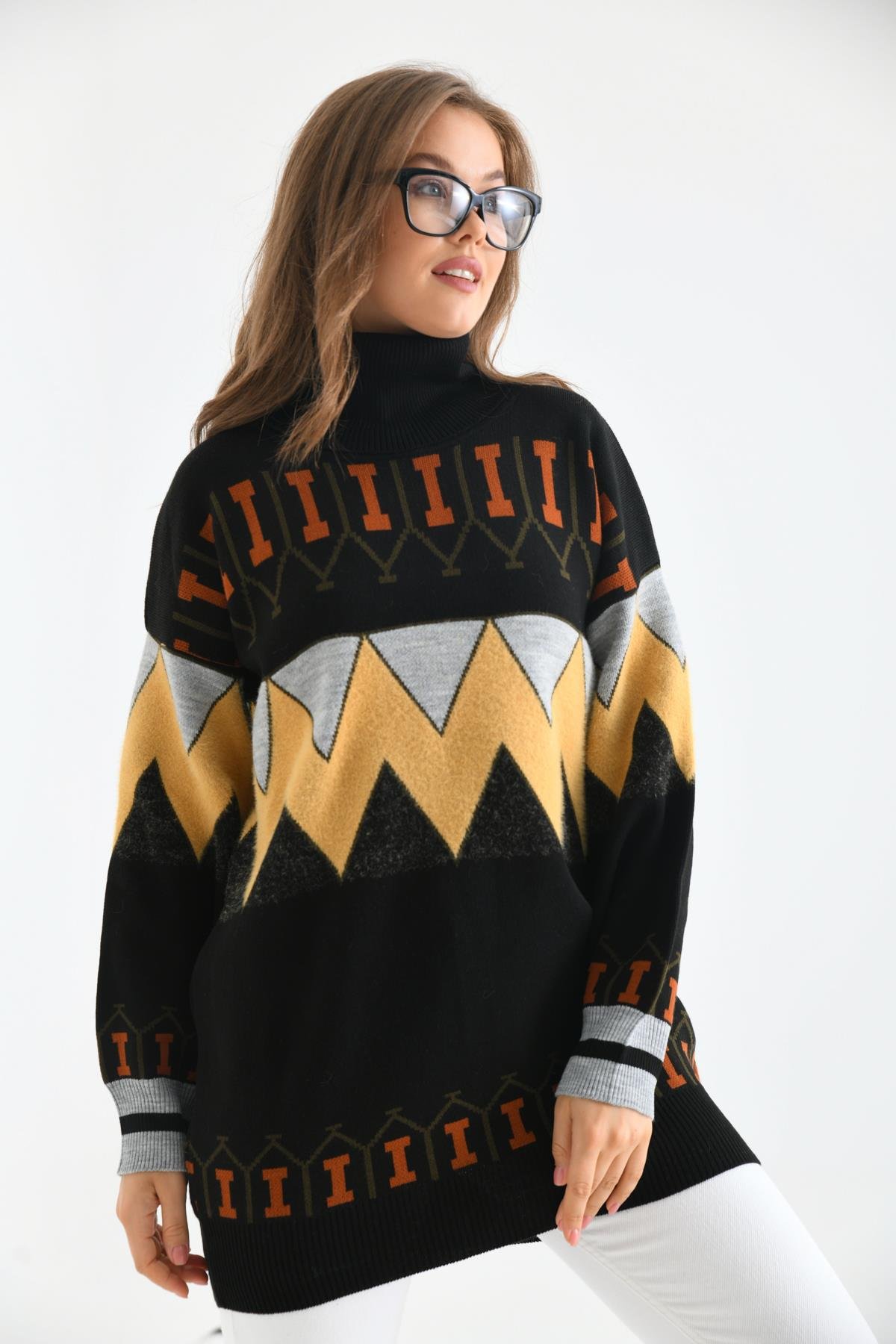 FTZ Women Kadın Zigzag Desen Sakallı Kazak  Siyah 21-6294