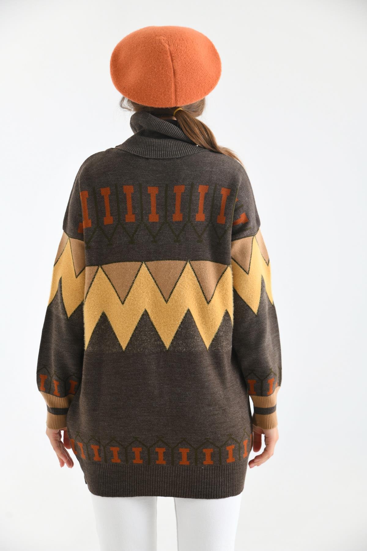 FTZ Women Kadın Zigzag Desen Sakallı Kazak  Kahve 21-6294