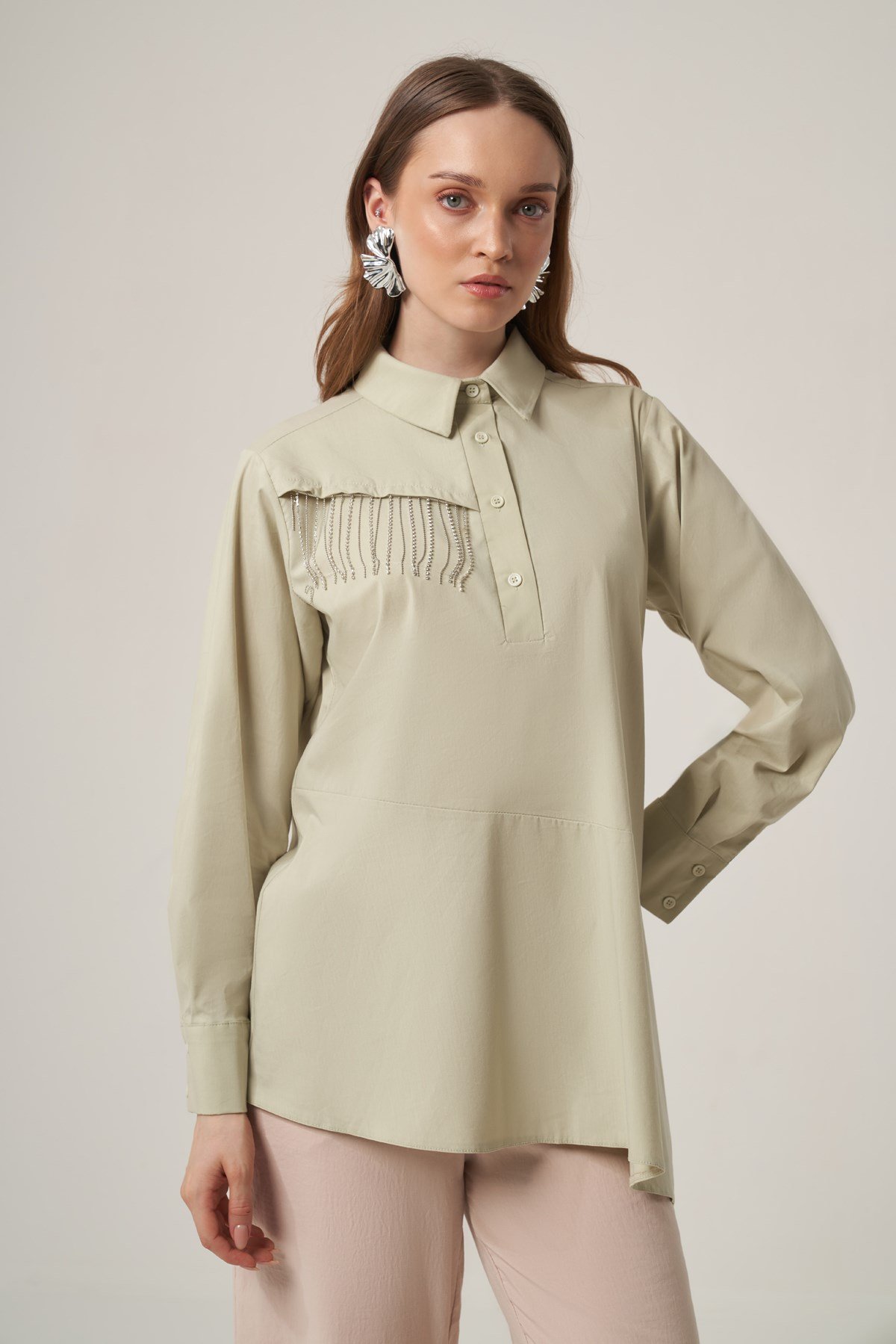 FTZ Women Kadın Zincir Detay Gömlek  Mint 31433